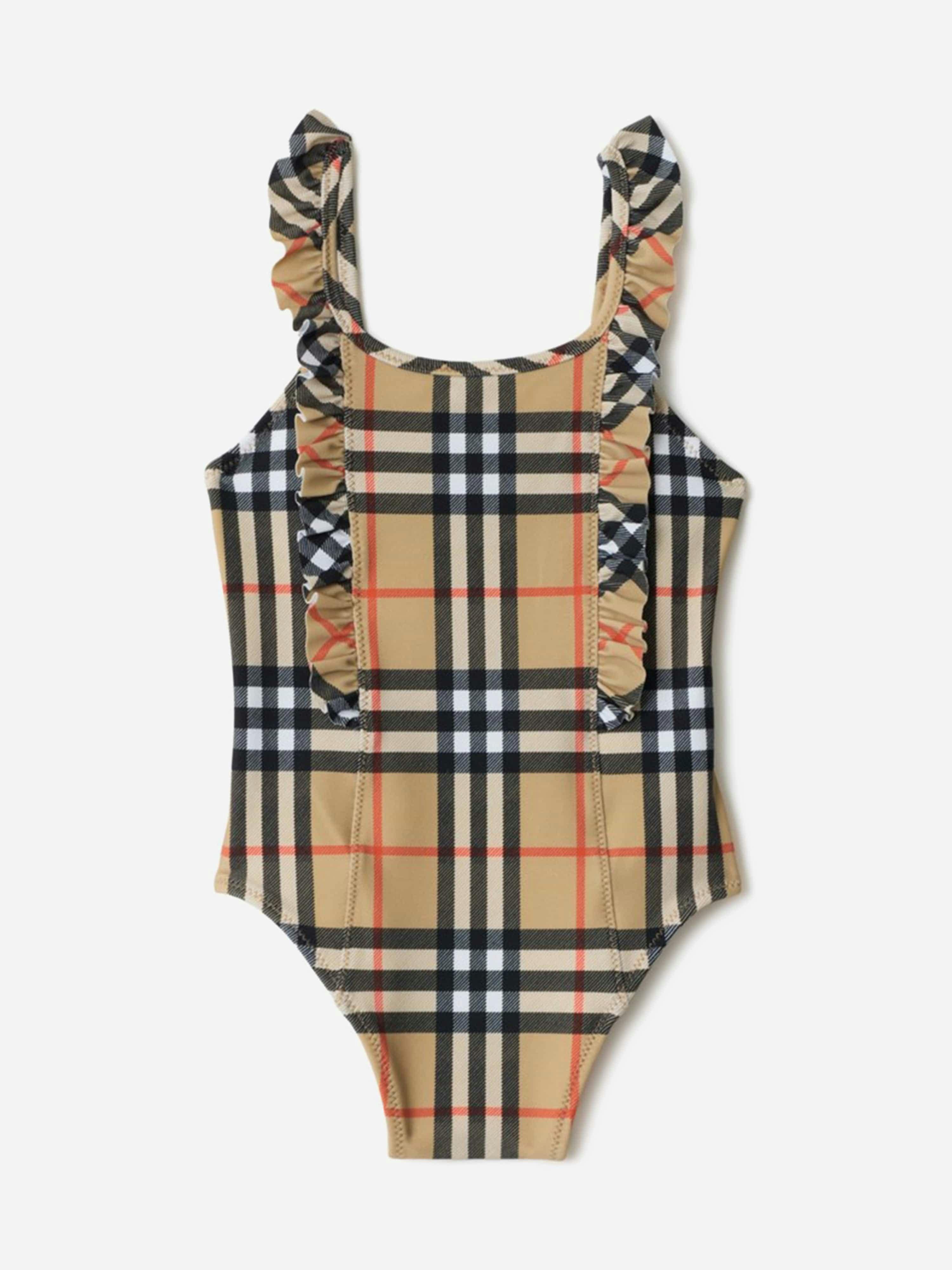 Burberry Kids Girls Beige Burberry Tilly Ruffle Trim Check Swimsuit In - Camel - 6 Yrs