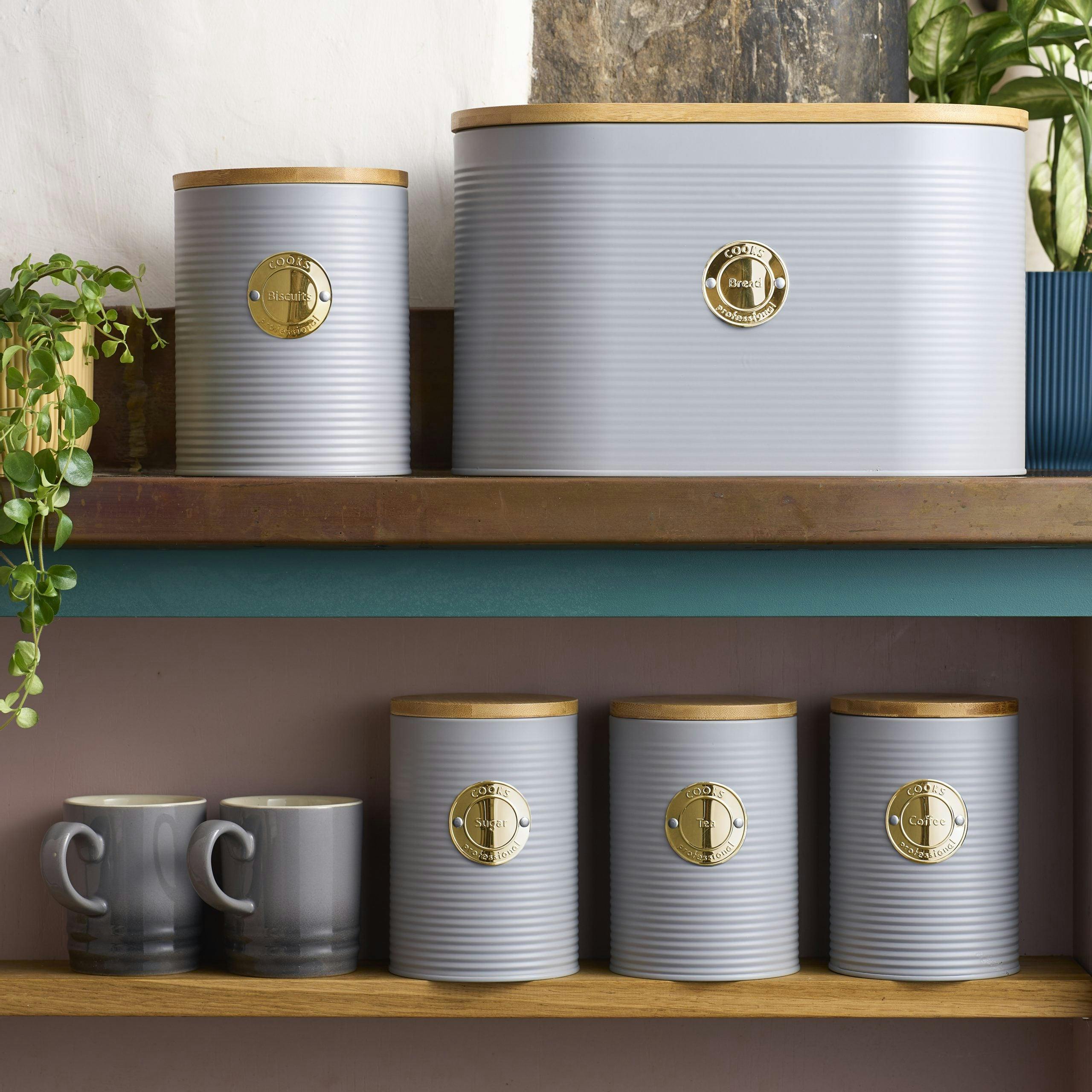 B&Q - 5Pc TeaCoffeeSugarBiscuit & Bread Ribbed Canister Kitchen Storage Set With Bamboo LidsGrey & Gold - Image 3