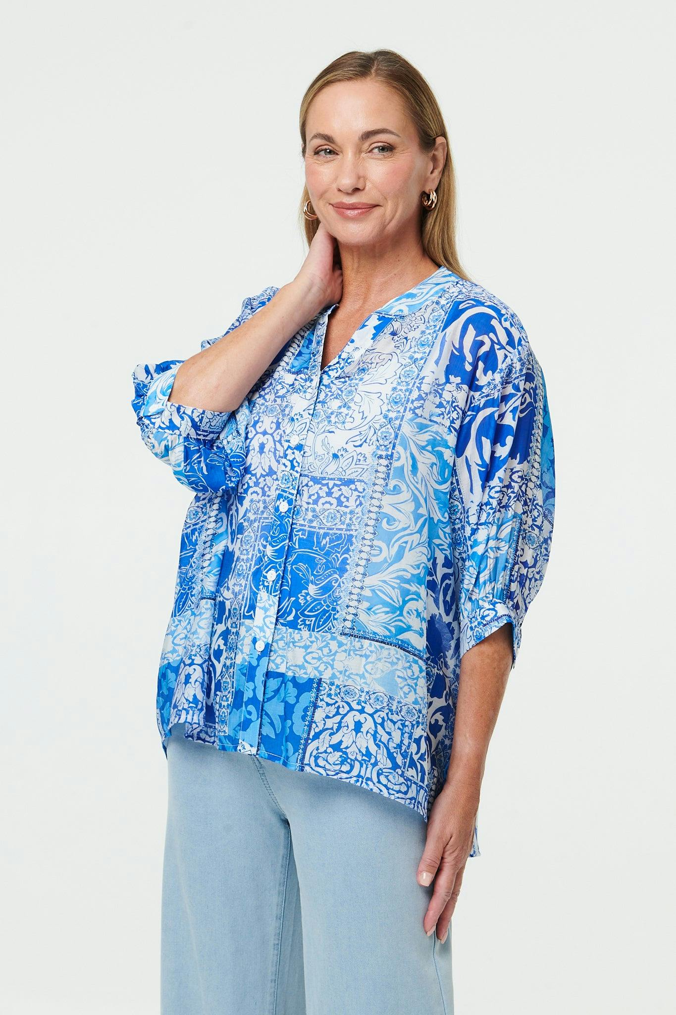 Izabel London Blue Mosaic Print 3/4 Sleeve Relaxed Shirt - 8