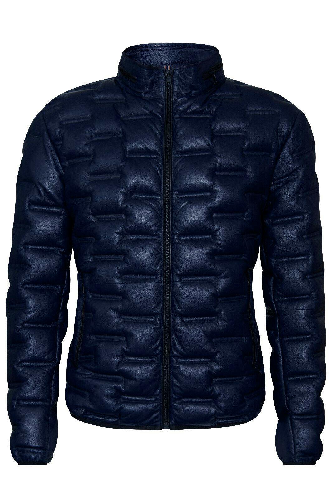 Infinity Leather Men's Quilted Puffer Leather Bomber Jacket - Torpoint - Navy - Uk 3XL | Eu 56 | Us 46