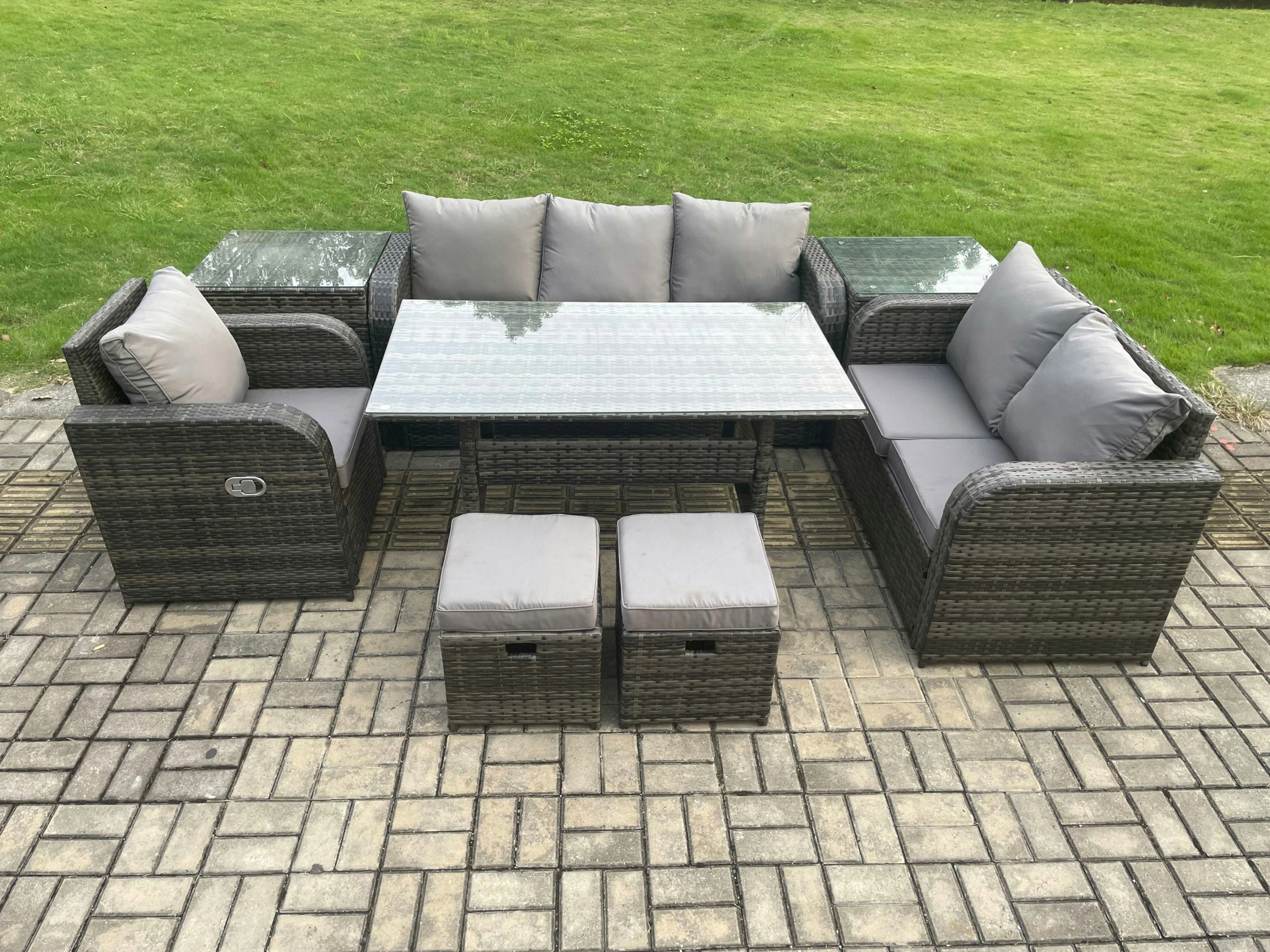 Rackhams Dark/Grey 8 Seater Garden Rattan Furniture Dining Table Sofa Set Indoor Outdoor With Reclining Chairs 2 Side Tables 2 Small Footstools Mixed
