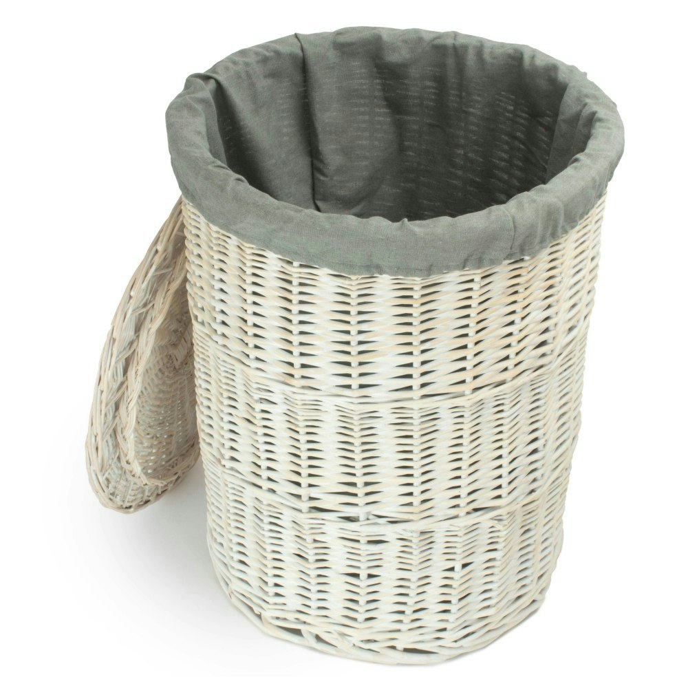 Rackhams White/Grey Large Round Wash Wicker Laundry Hamper With Sage Lining