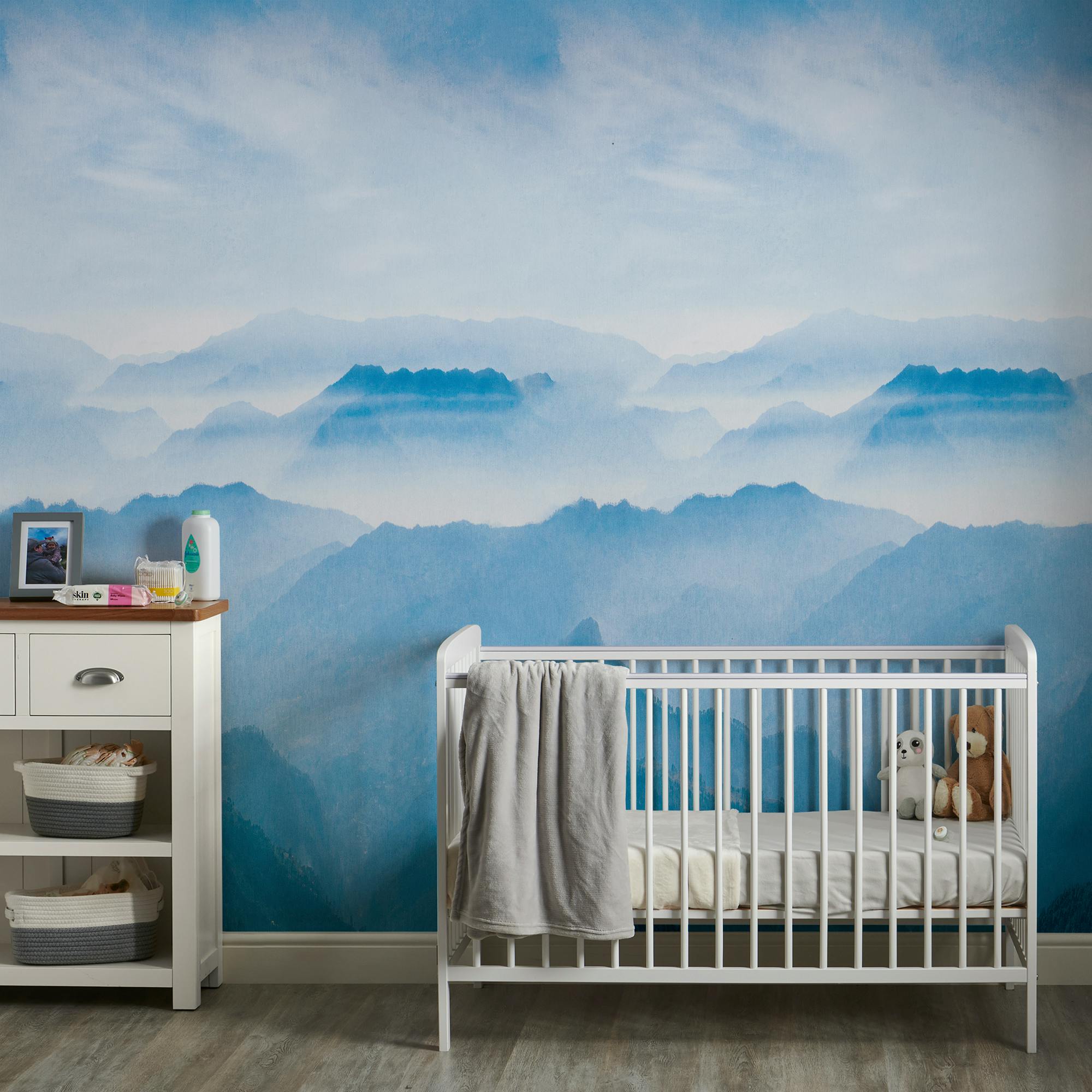 Grandeco Blue Misty Mountain Landscape 3 Panel Repeatable Textured Mural, 1.59 X 2.8M