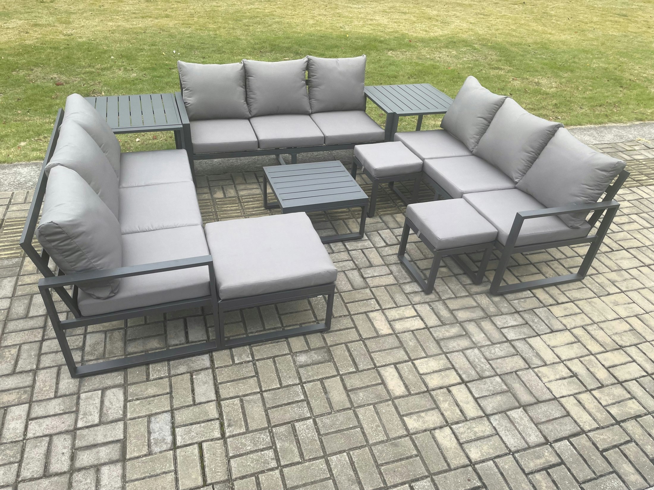 Fimous Dark/Grey Aluminium Outdoor Garden Furniture Set Patio Lounge Sofa With Square Coffee Table 2 Side Tables 3 Footstools Conservatory Set
