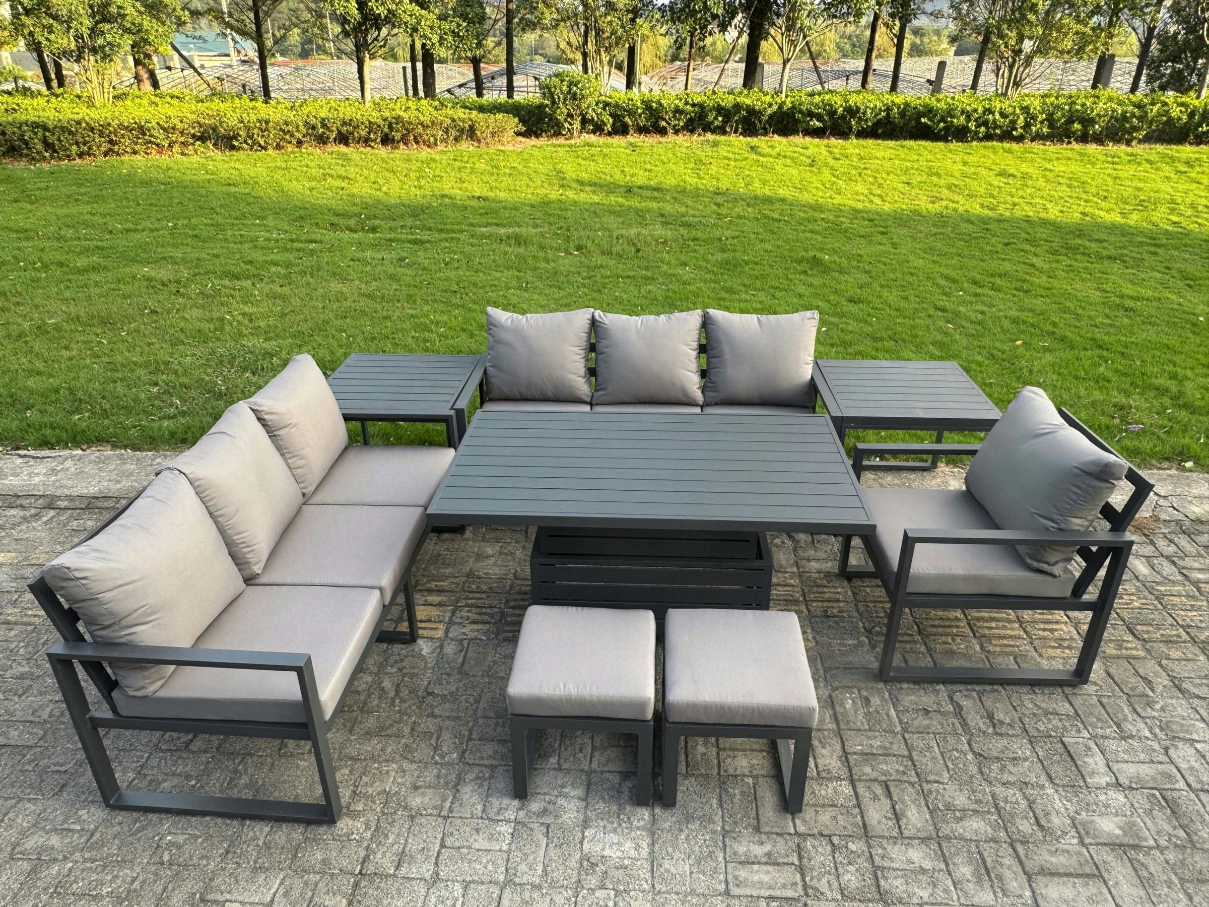 Fimous Dark/Grey 9 Seater Aluminium Garden Furniture Set With Rising Dining Table, 2 Sofas, 1 Chair, 2 Side Tables, 2 Small Footstools