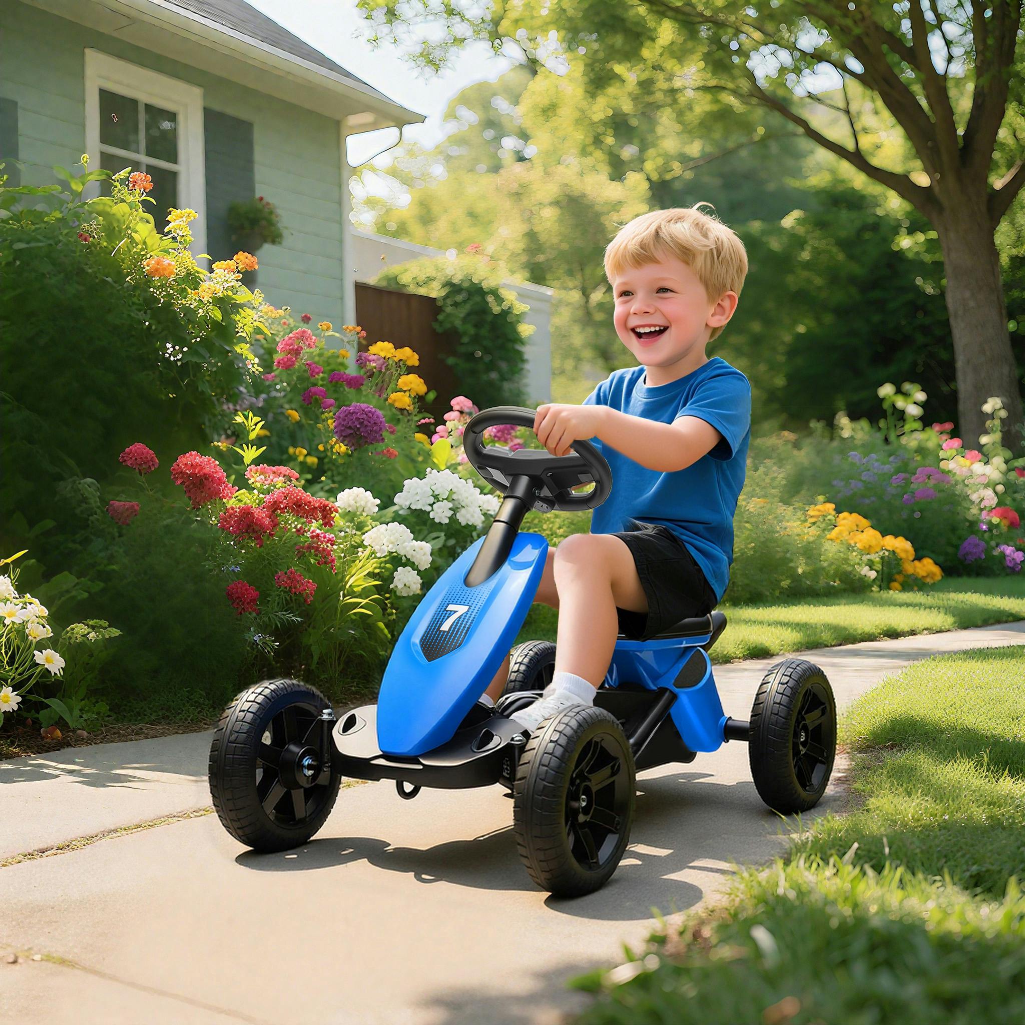 Aiyaplay Blue Pedal Go-Kart For Kids With Silent Eva Wheels, Metal Frame,