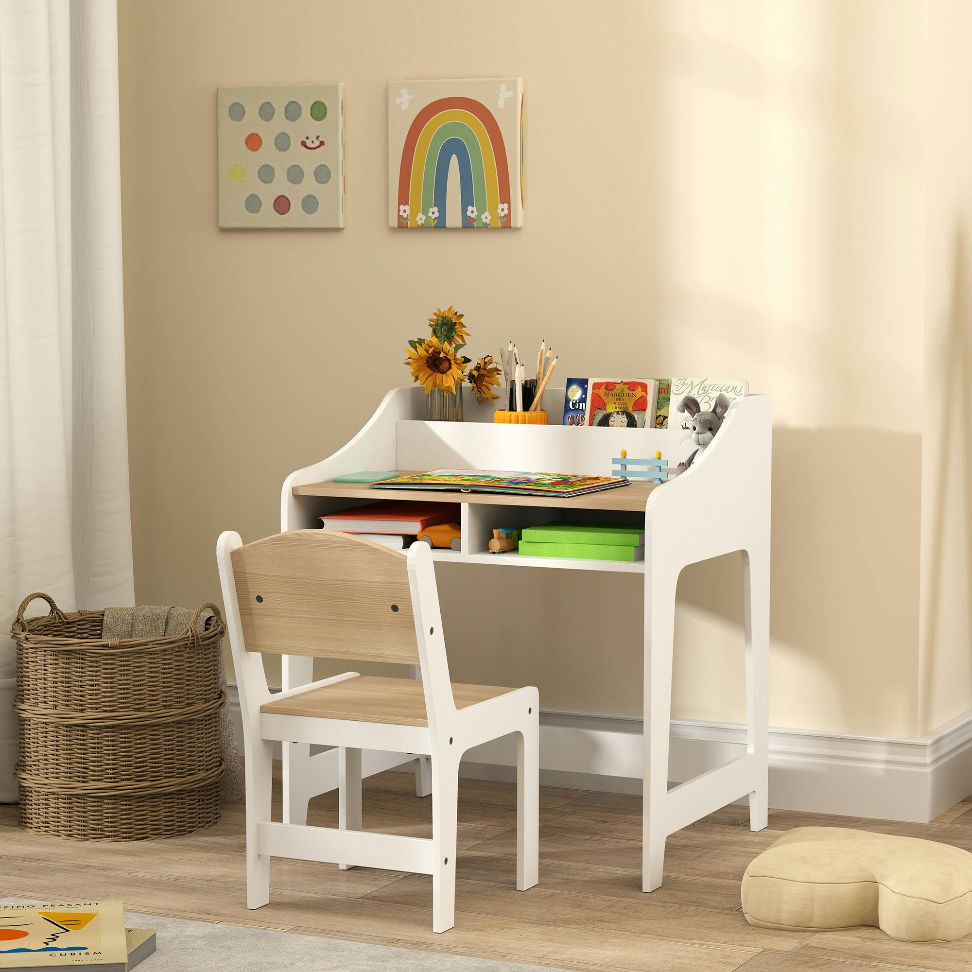 Rackhams White Kids Desk And Chair Set, Children Study Table With Storage, Natural - Natural Wood Finish And - Desk: 68H X 60L X 48D Cm. Chair: 53H X 30W X 33.5D Cm