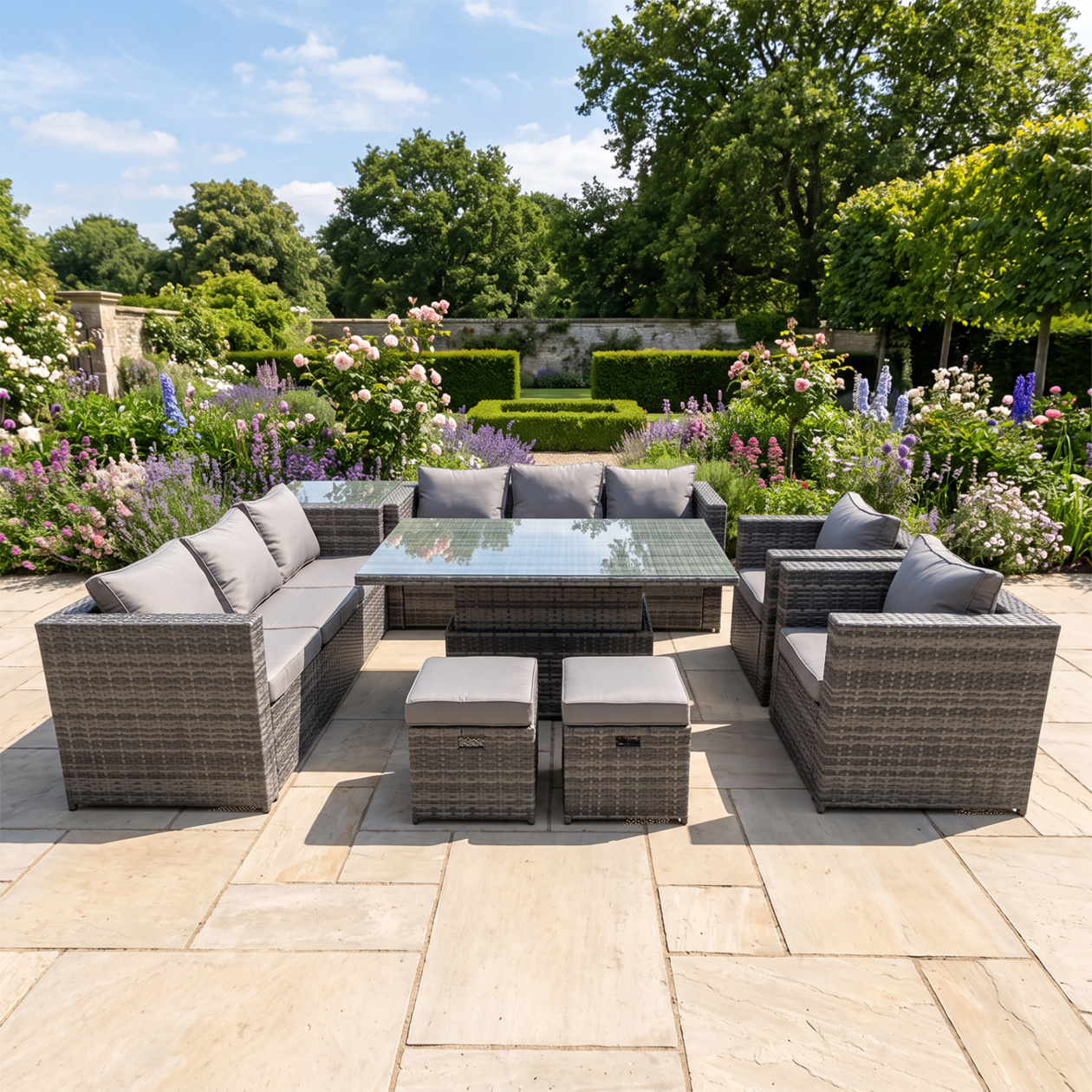 Fimous Dark/Grey 10 Seater Rattan Garden Furniture Set With Adjustable Rising Dining Table, Side Table & 2 Footstools - Mixed