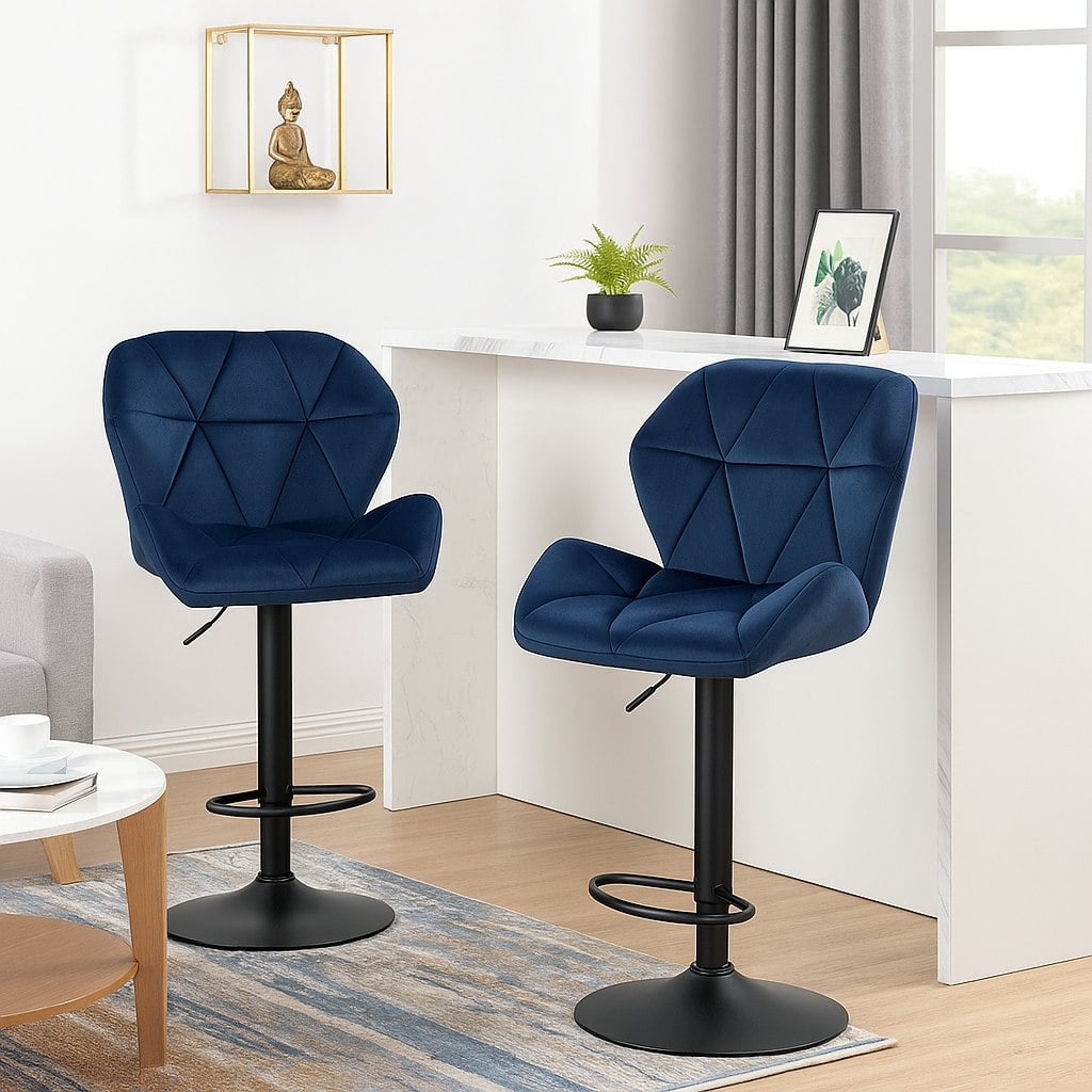 Modcraft Blue/Black Set Of 2 Velvet Bar Stools – Adjustable Swivel Dining Chairs With Footrest & Steel