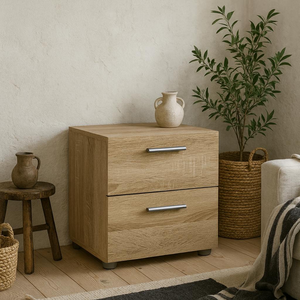 Rackhams Light/Grain Daejeon Natural Oak Effect Wood Bedside Table 2 Drawers