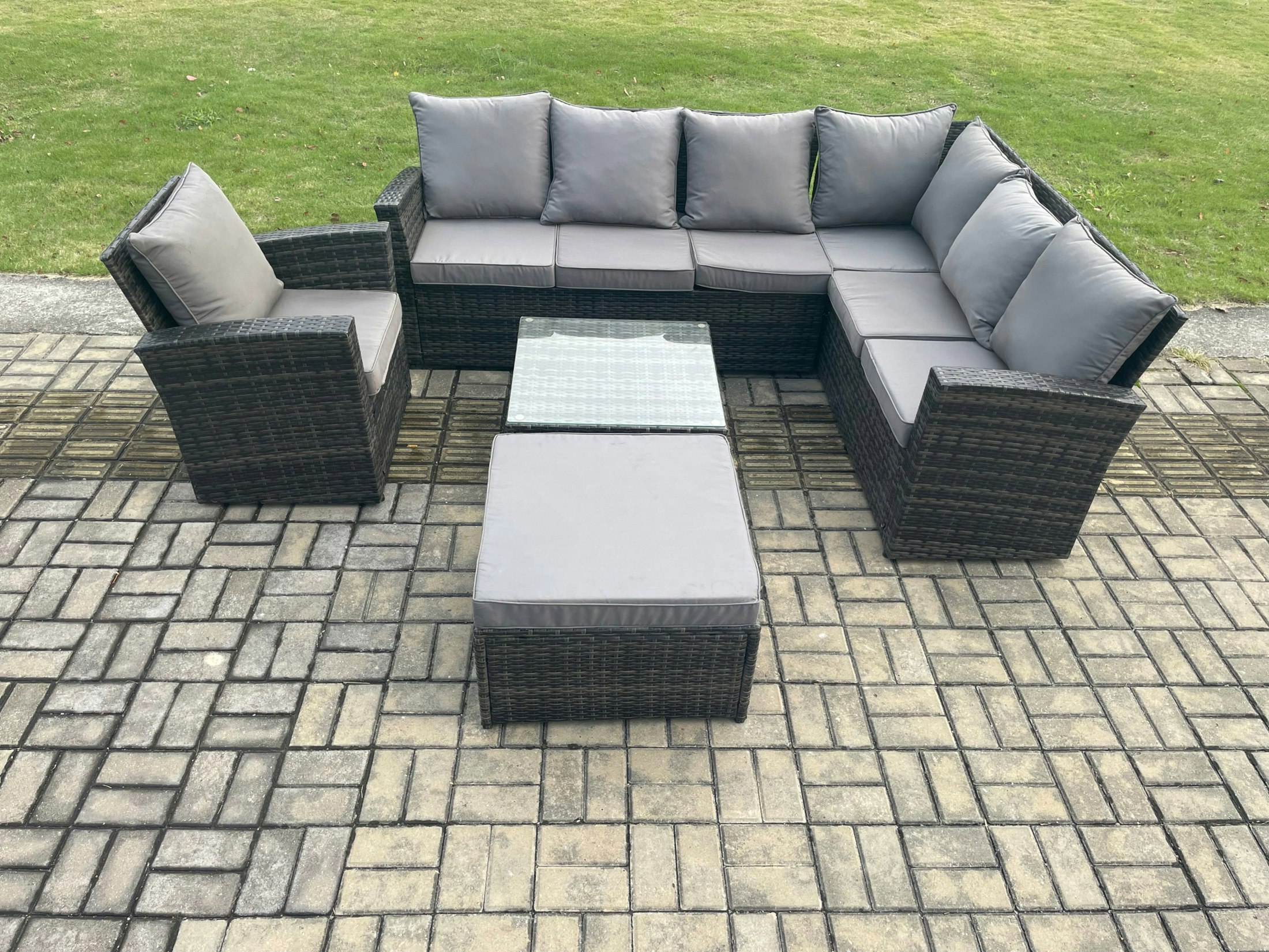 Rackhams Dark/Grey 8 Seat Rattan Garden Furniture Corner Sofa Set Outdoor Patio Sofa Chair Table Set With Big Footstool Mixed
