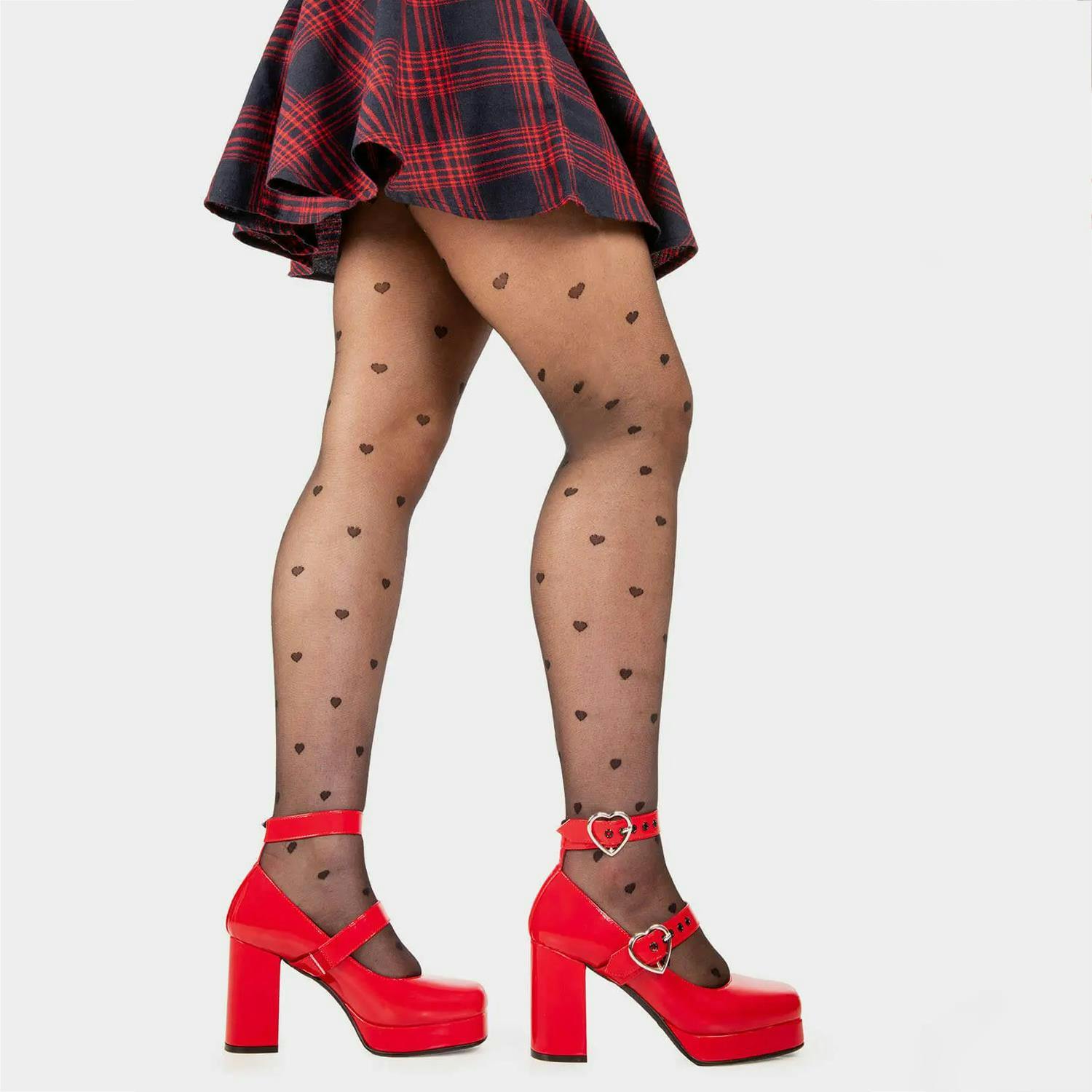 Lamoda Red Chrome Heart Patent Platform Heels Gothic Chunky Festival Shoes - Uk8