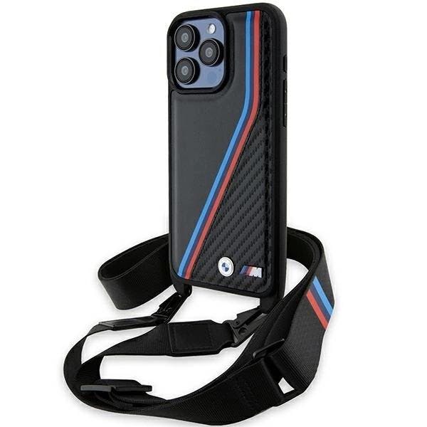 Bmw Black M Edition Carbon Tricolor Lines With Strap Hard Case For Iphone 15 Pro 6.1" - Bmhcp15l23psvtk