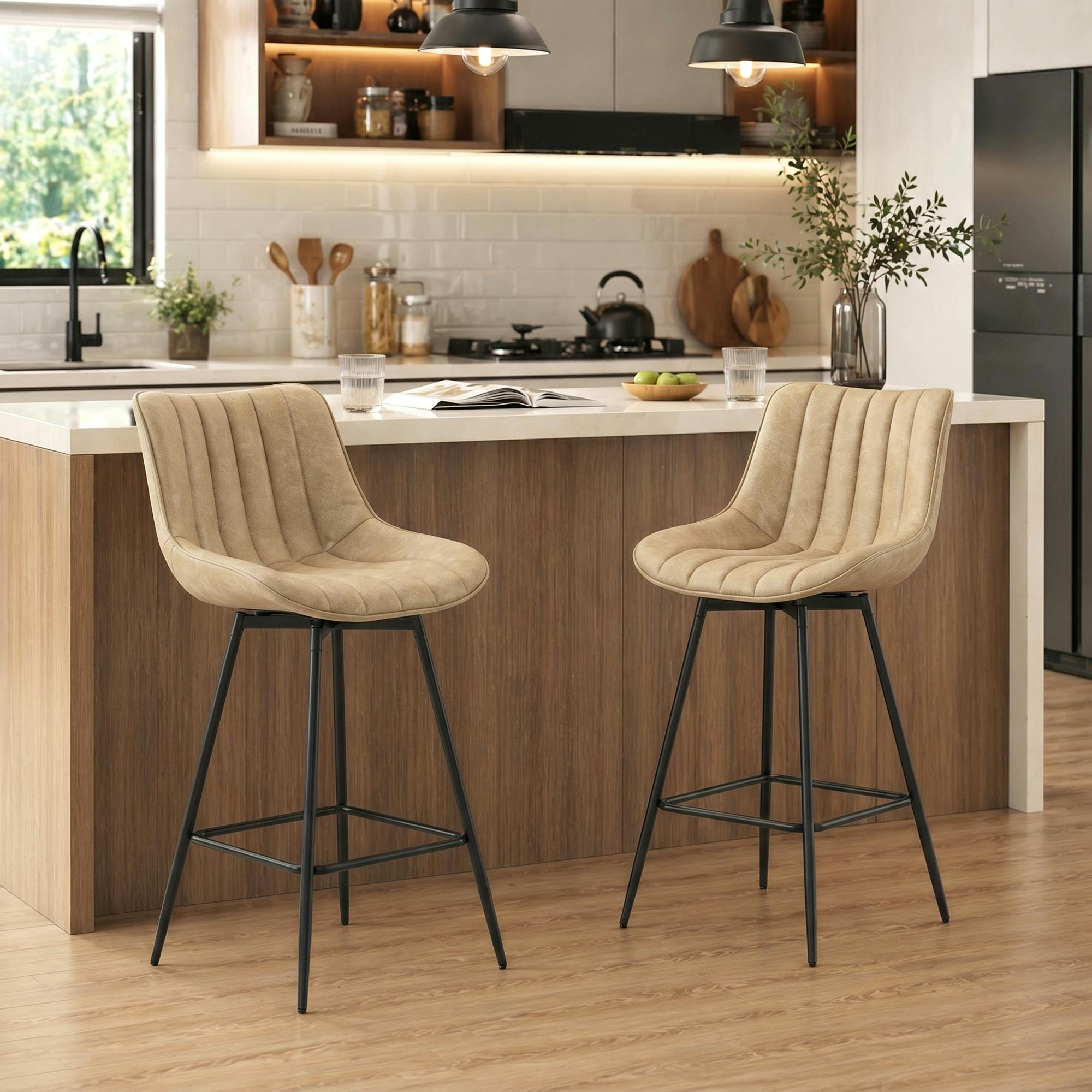 Rackhams Light/Brown Swivel Bar Stools Set Of 2, Pu Leather Upholstery