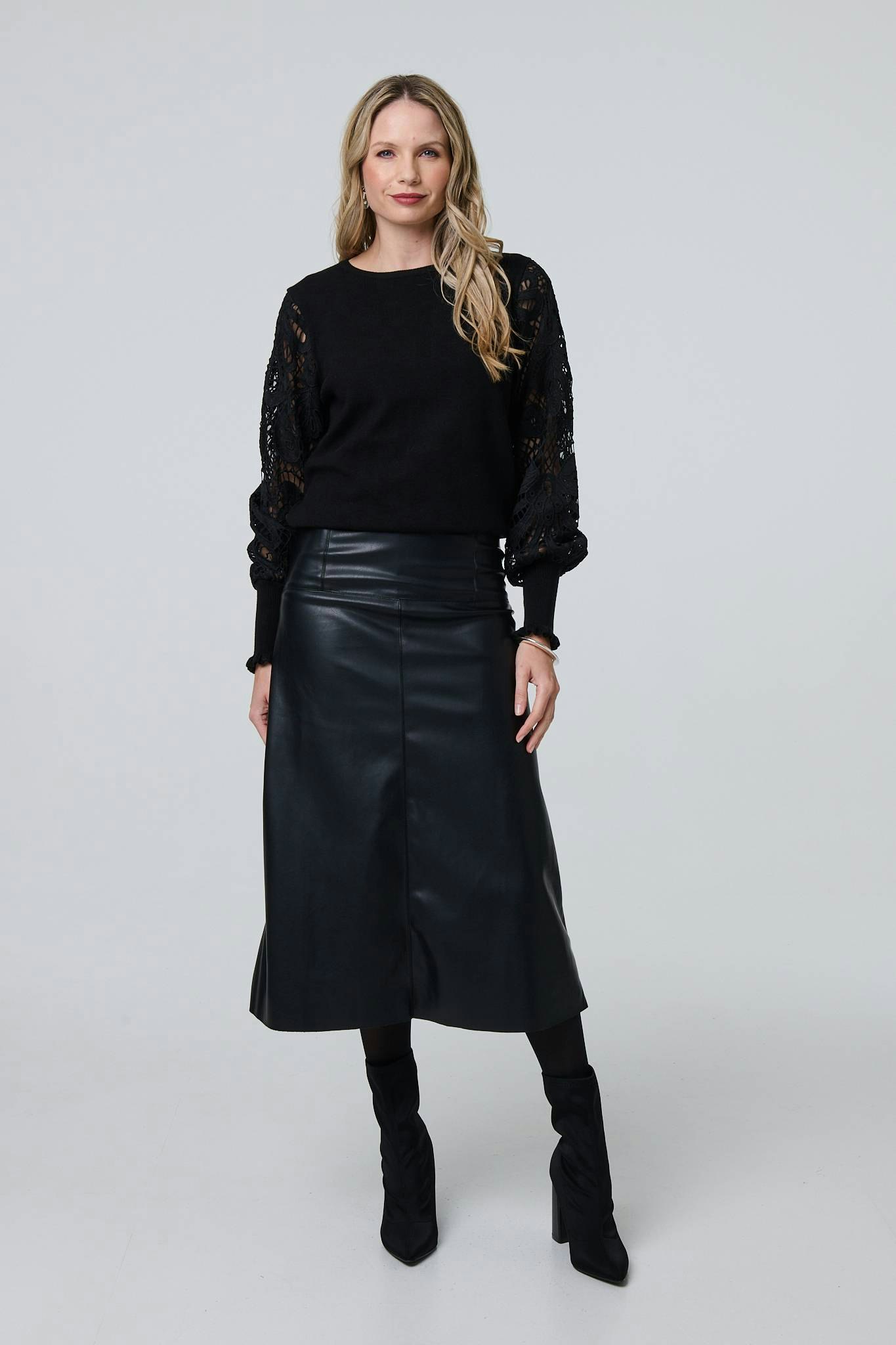 Izabel London Black Faux Leather High Waist Midi Skirt - 8