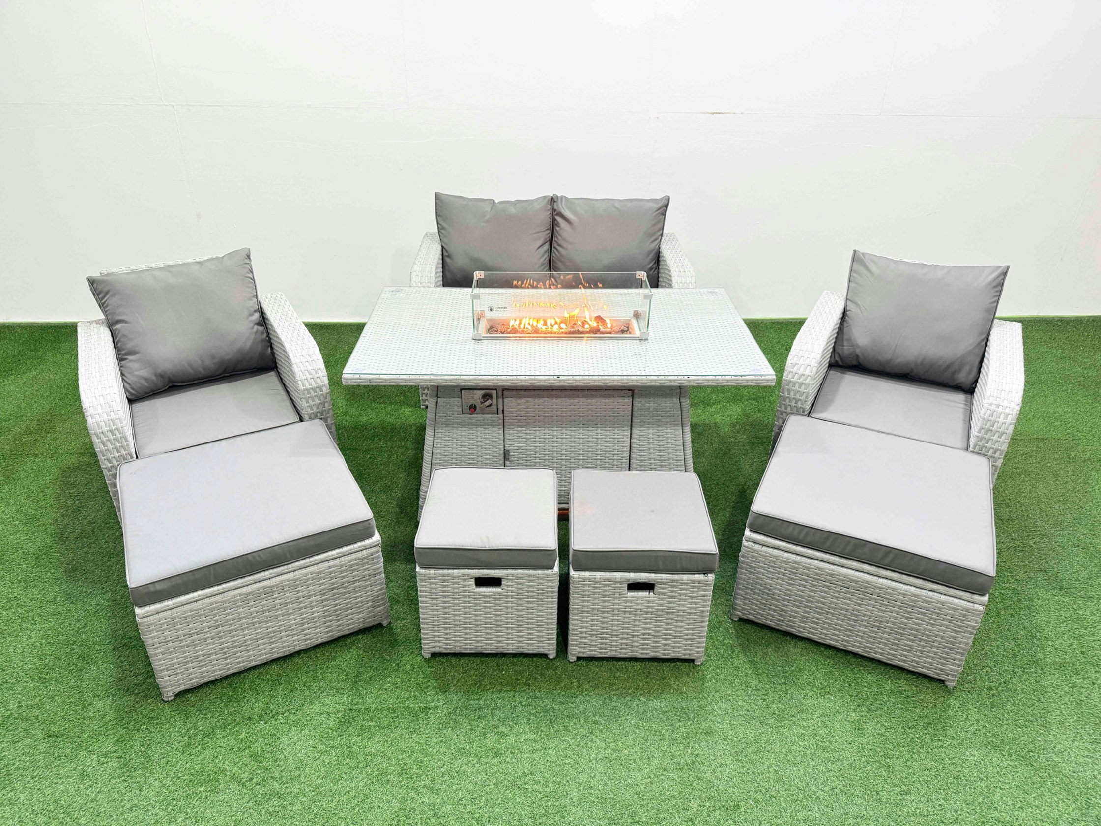 Rackhams Light/Grey 8 Seater Pe Rattan Outdoor Garden Furniture Set With Gas Fire Pit Table, Love Sofa, 2 Big Footstools, 2 Small Footstools
