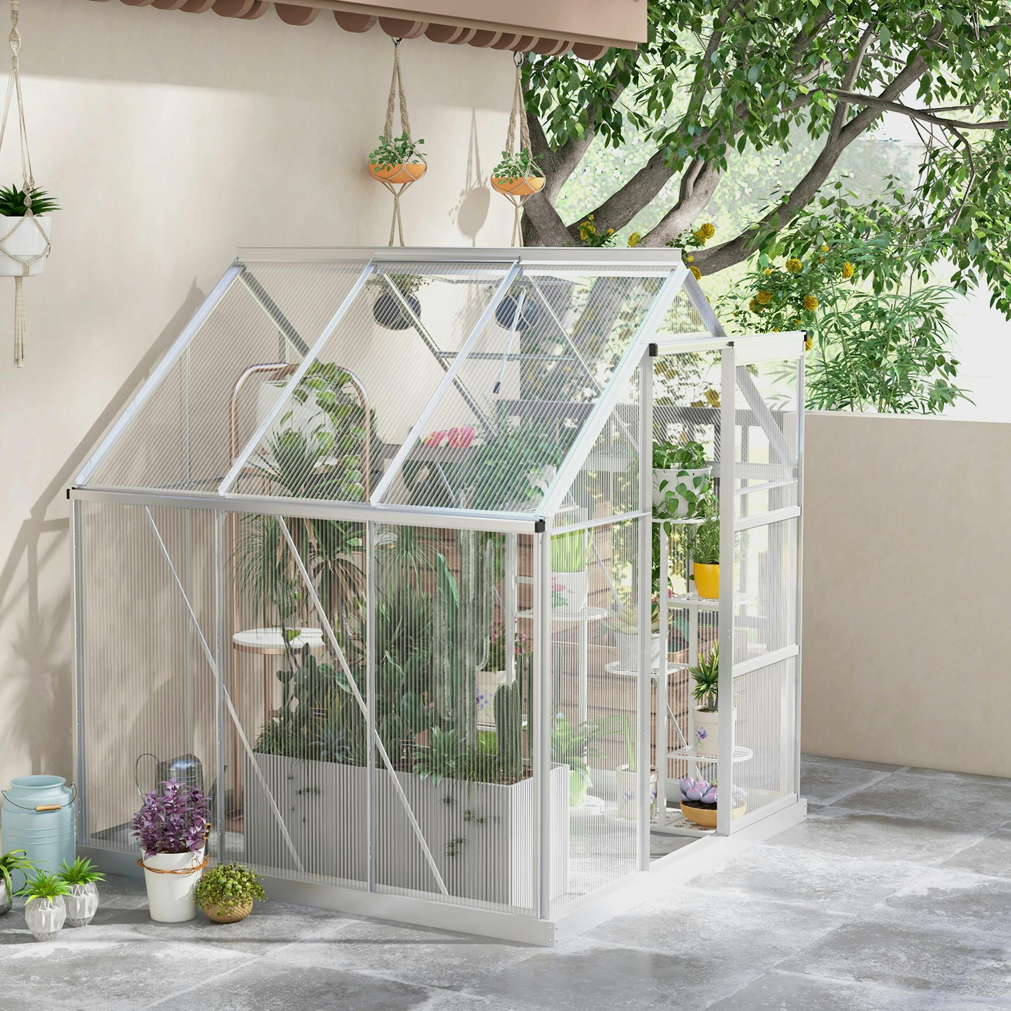 Outsunny Silver 6 X 6Ft Walk-In Polycarbonate Greenhouse With Foundation Window