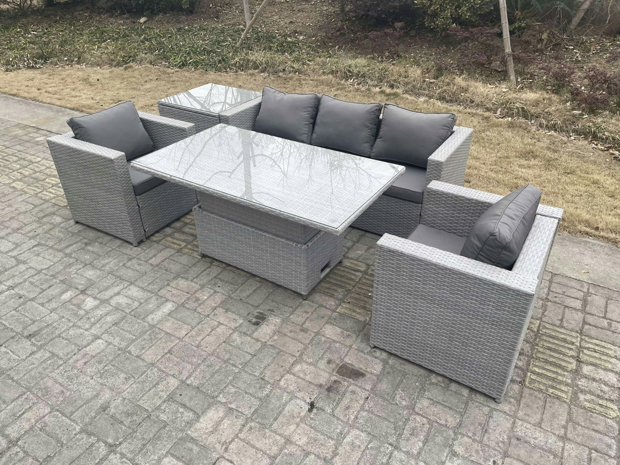 Rackhams Light/Grey/Dark Rattan Garden Funiture Set Height Adjustable Rising Lifting Table Loung Sofa Dining Set With 2 Arm Chair Side Coffee Table