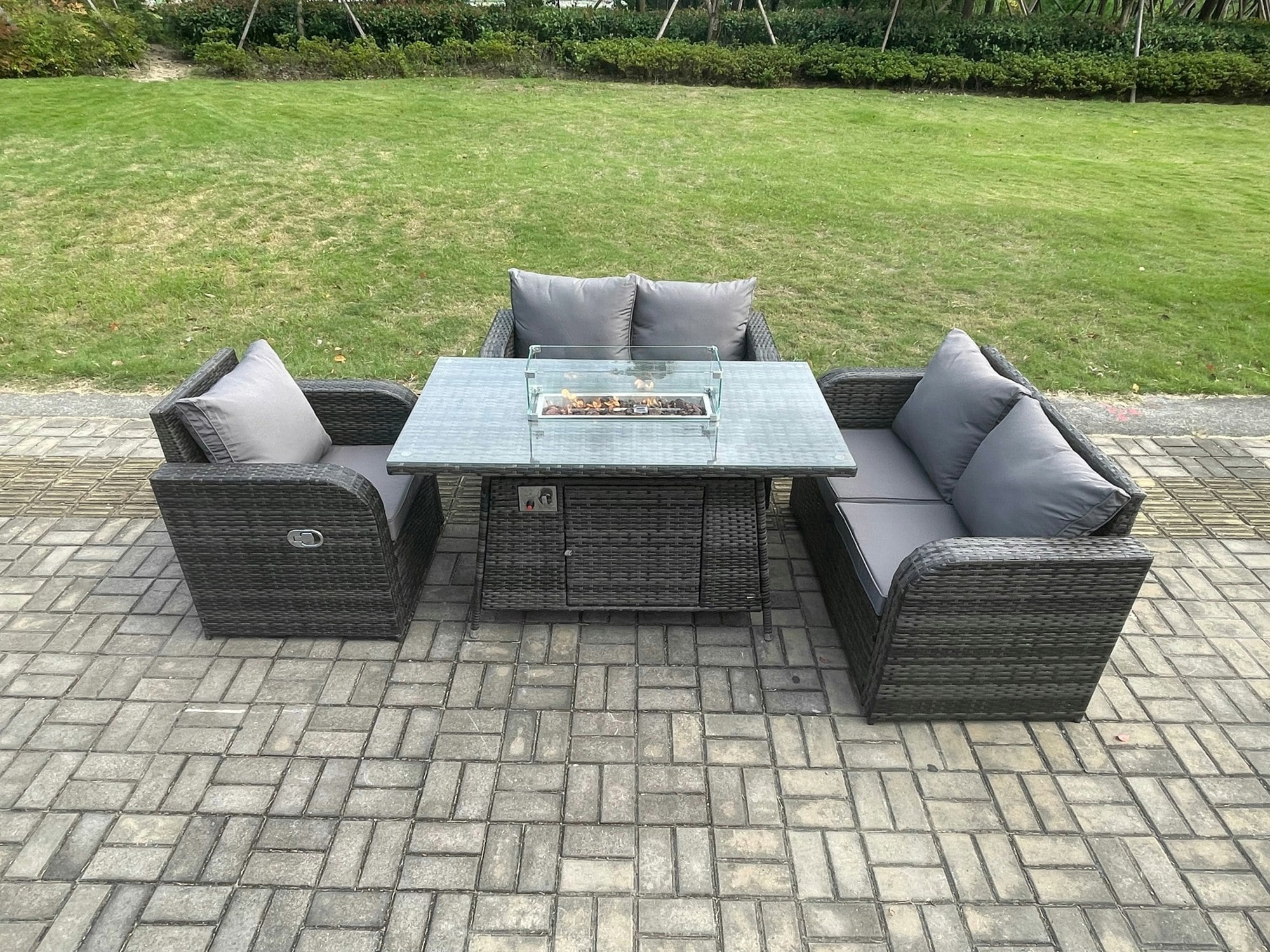 Fimous Dark/Grey Patio Rattan Garden Furniture Set With Gas Fire Pit Dining Table Indoor Outdoor 4 Piece Love Sofa Set