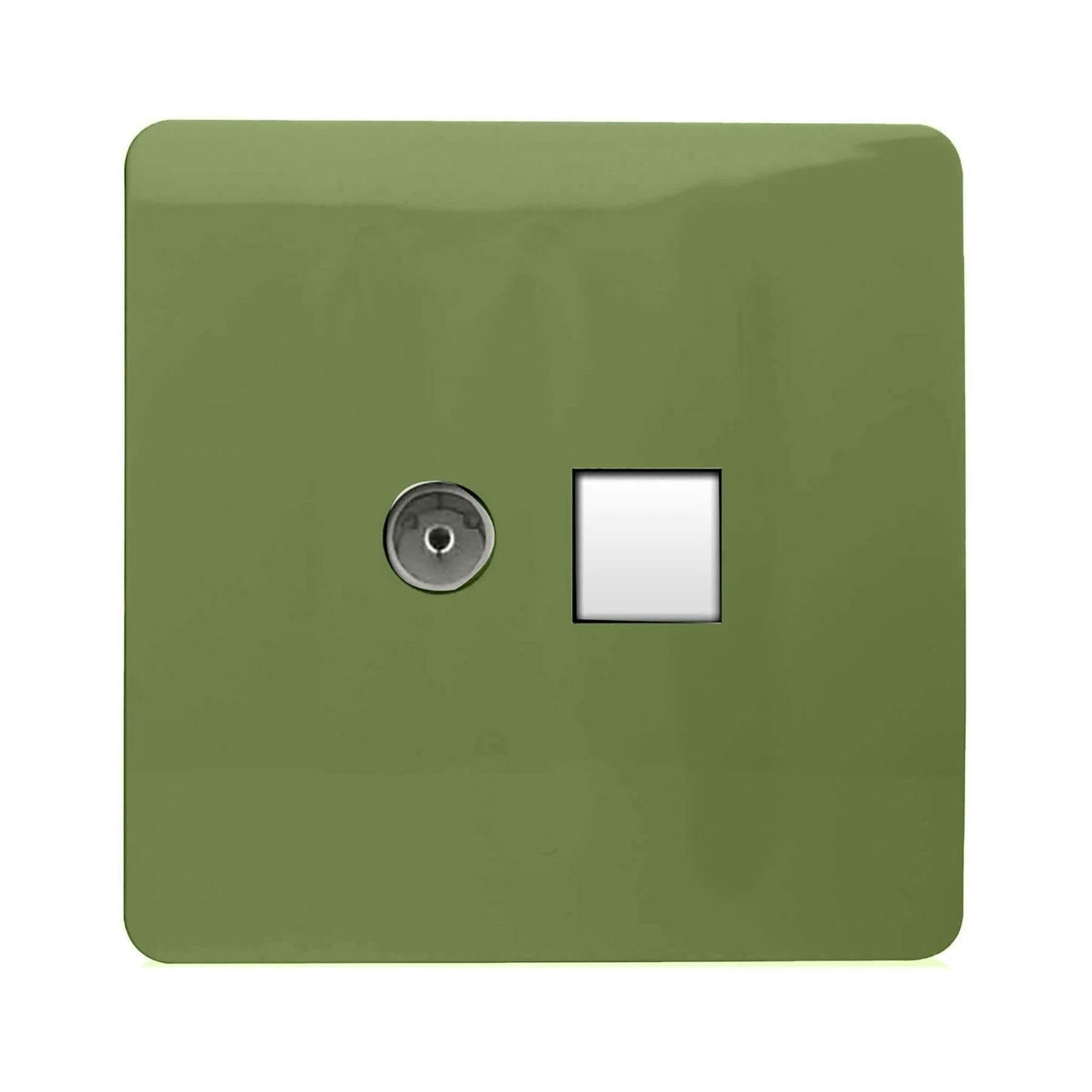 Trendi Switch Women's Green 2 Gang Tv Co-Axial & Rj45 Cat 6 Modern Designer Pc Ethernet Sockets In Moss