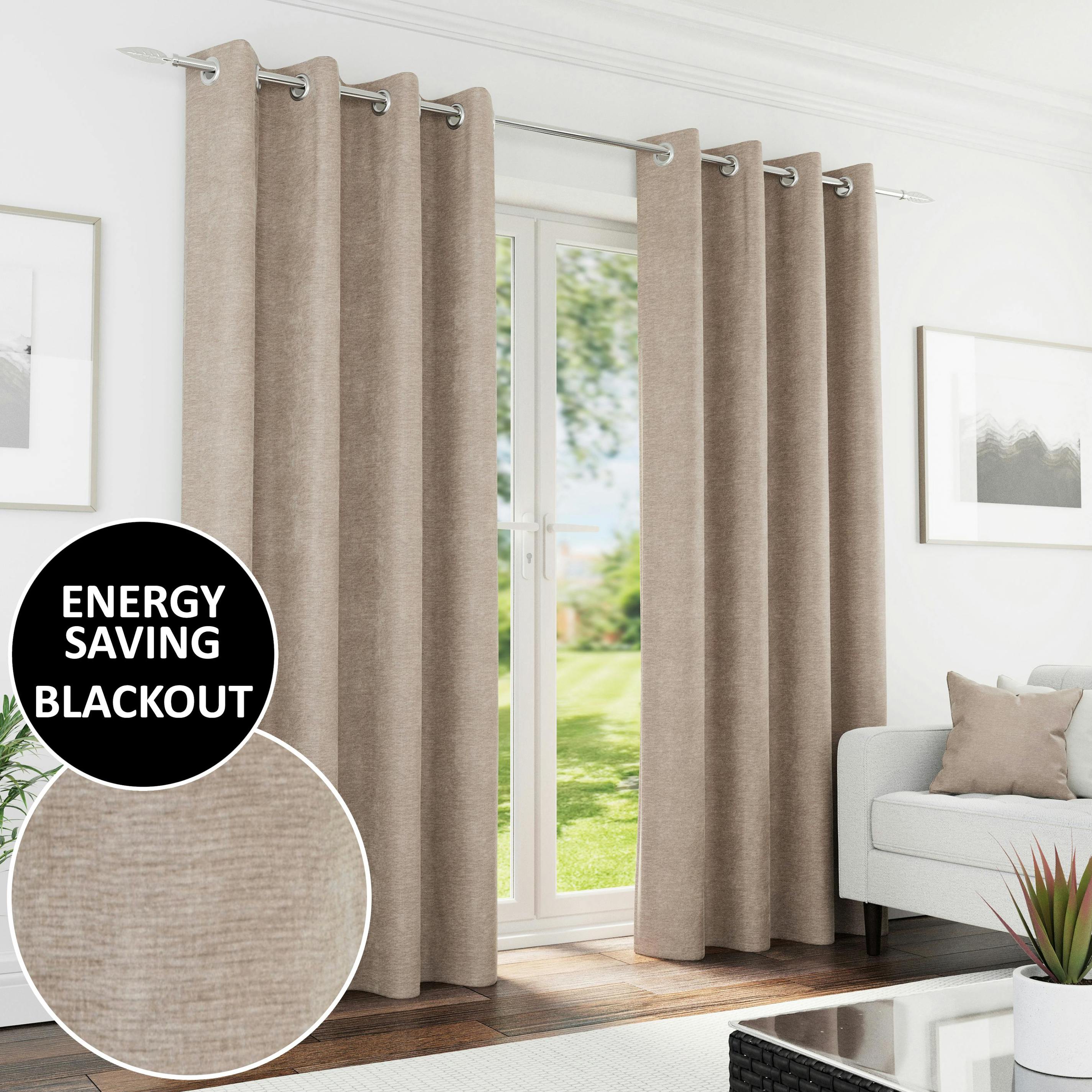 Enhanced Living Light Knightsbridge 100% Blackout Chenille Thermal Eyelet Curtains For Living Room/Bedroom - Sand - 66" (168Cm) Width X 90" (229Cm) Drop