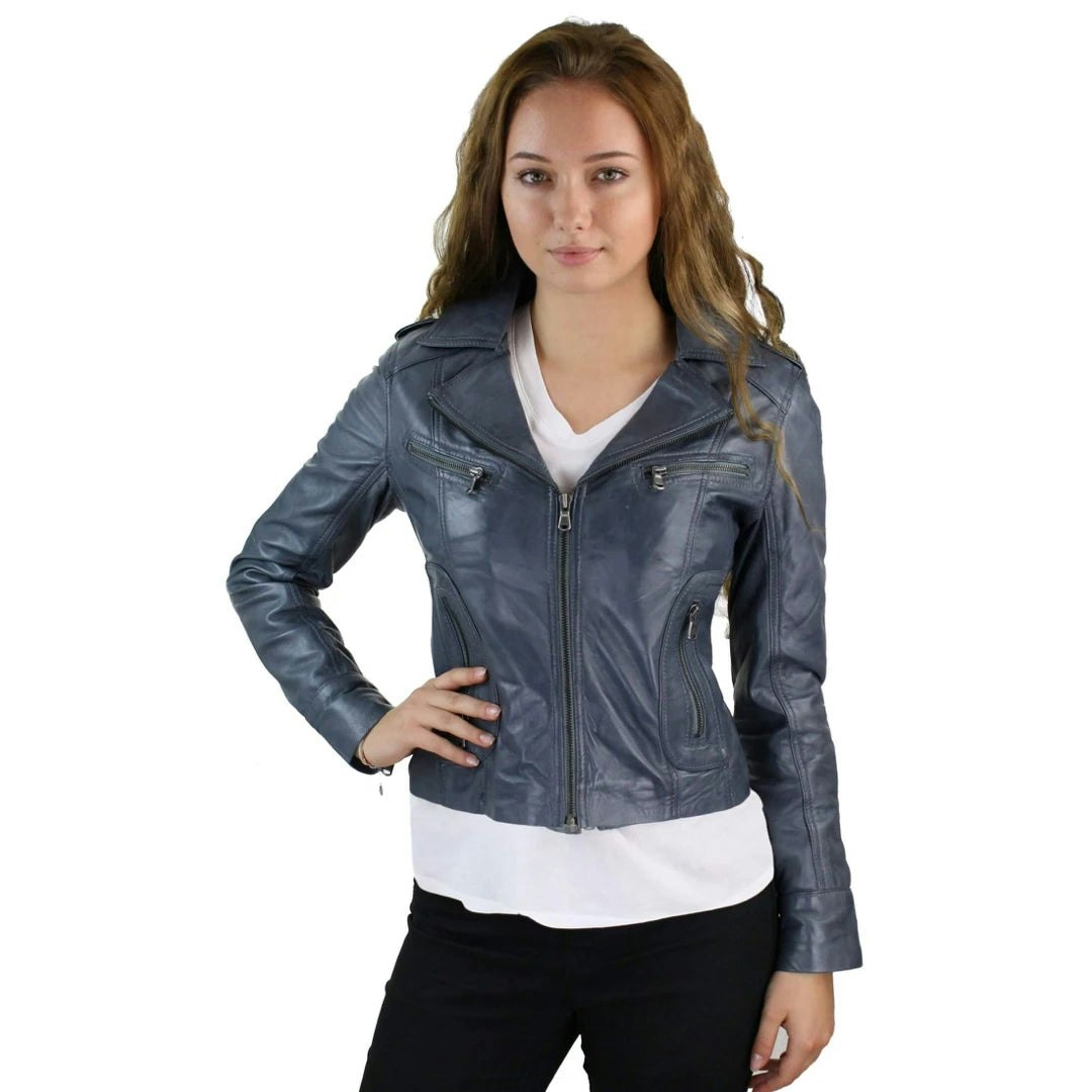Aviatrix Women's Grey Leather Short Slim Fit Biker Jacket - Uk 14