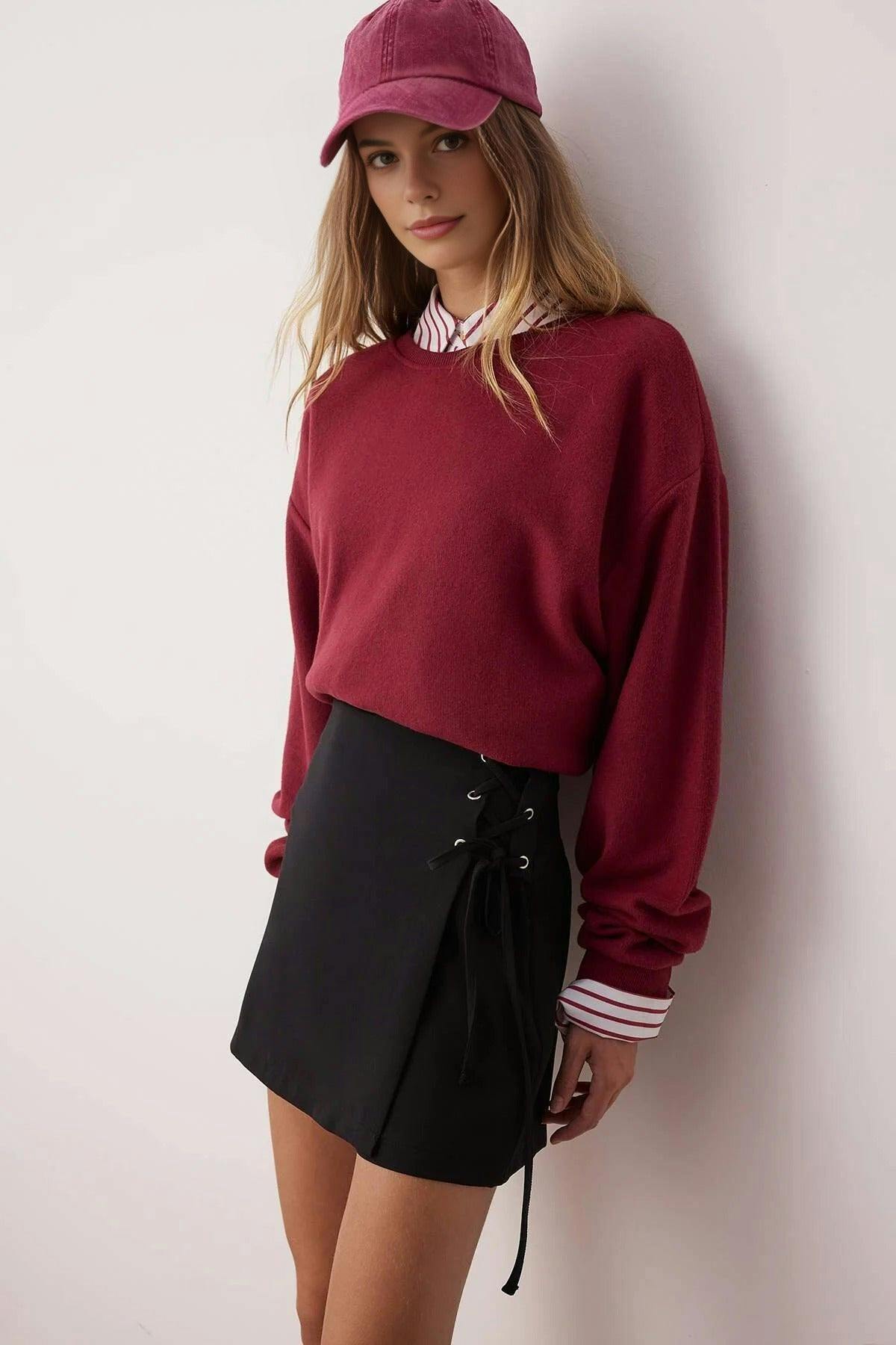 Wovcor Black Woven Short Skirt With Tie And Eyelet Detail - 14