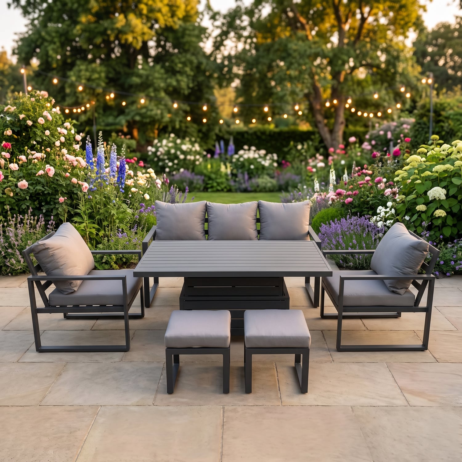 Fimous Dark/Grey 7 Seater Aluminium Garden Furniture Set With Adjustable Rising Dining Table, 2 Chairs, 2 Footstools