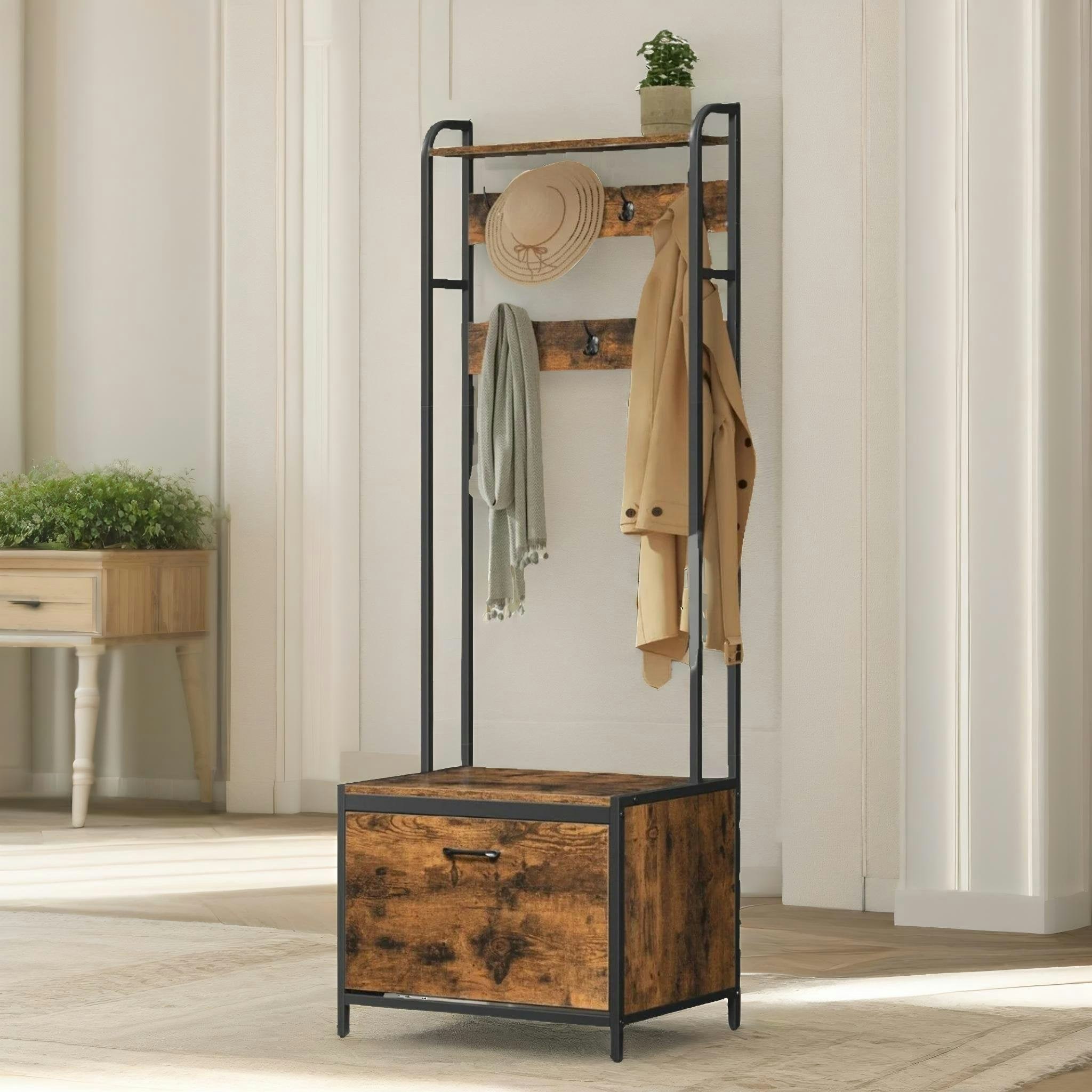 Rackhams Brown Industrial Coat Rack Stand With Shoe Storage