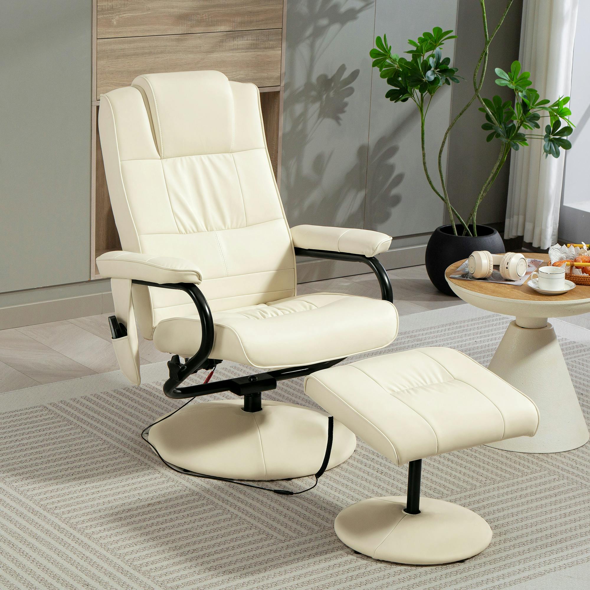 Rackhams Cream/White Massage Recliner Chair Cushioned Ottoman 10 Point Vibration - Round Base - Pu Leather