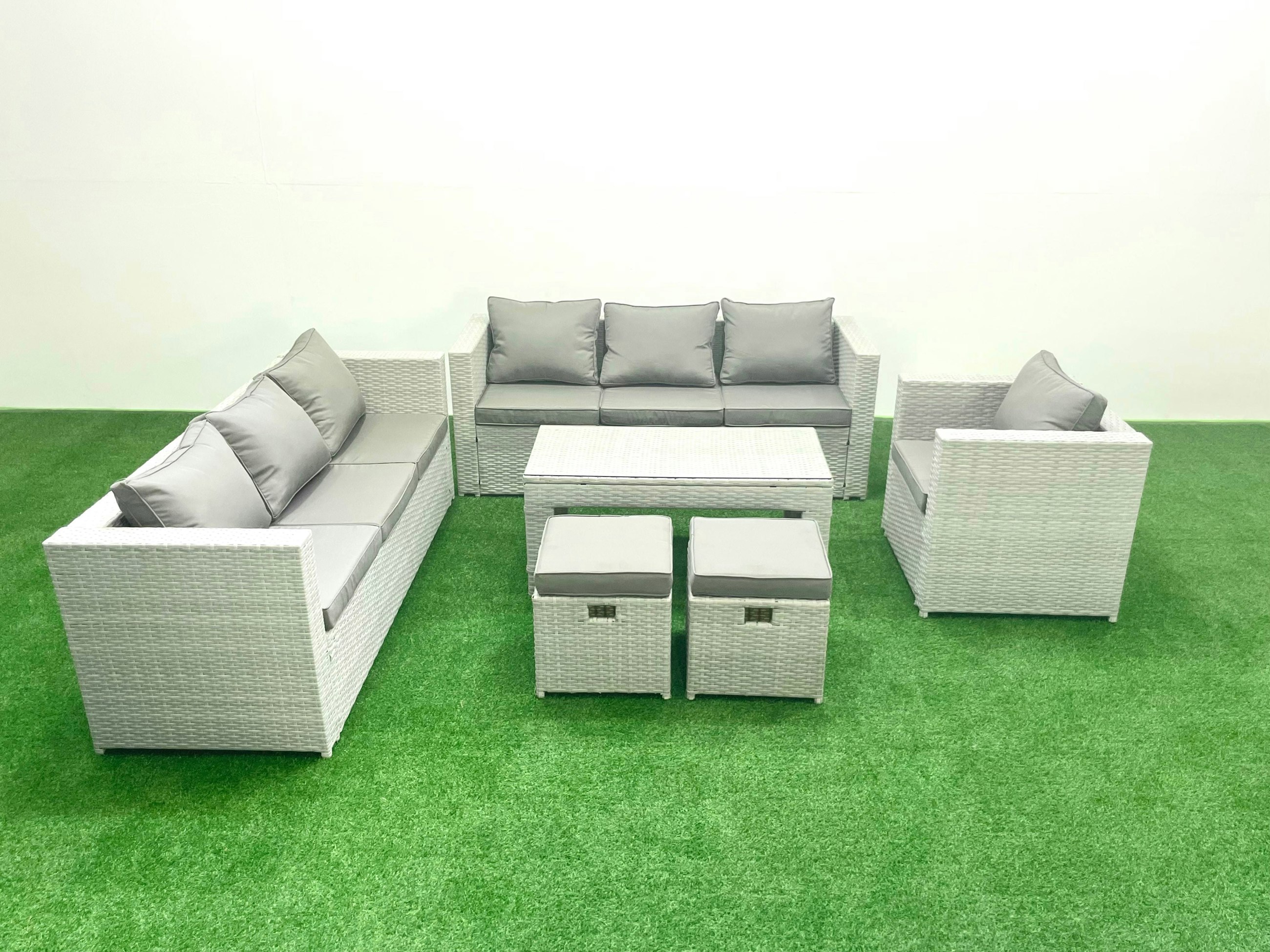 Rackhams Light/Grey Wicker Pe Rattan Sofa Garden Furniture Set With Oblong Coffee Table Armchair 2 Small Footstools Mixed