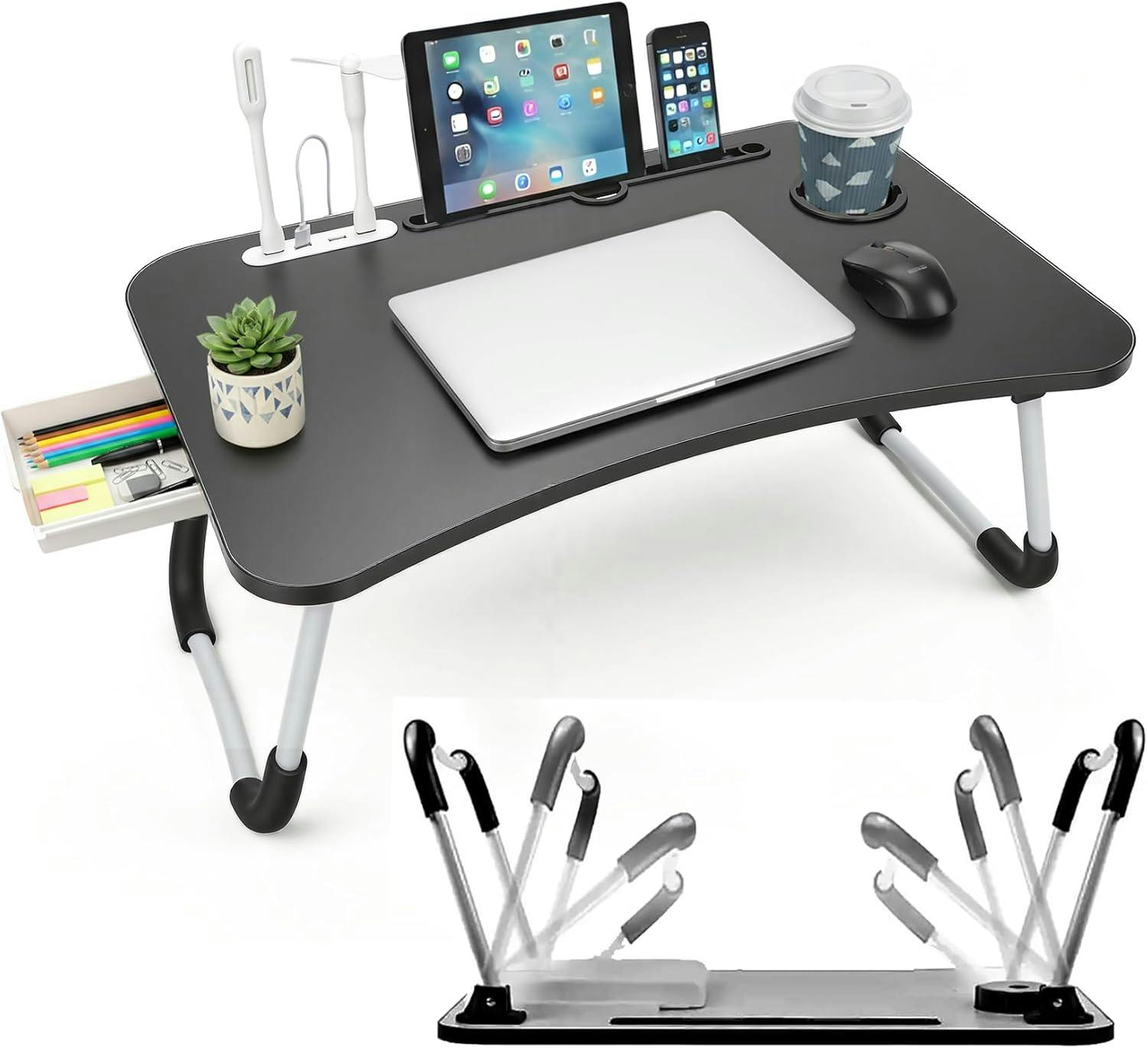 Rackhams Light Lkh Foldable Laptop Table-Usb Hub,Fan Led &Side Drawer-60×40×28 Cm Portable Bed Tray-Drink Holder, For Bed, Sofa - 60X40x28 Cm