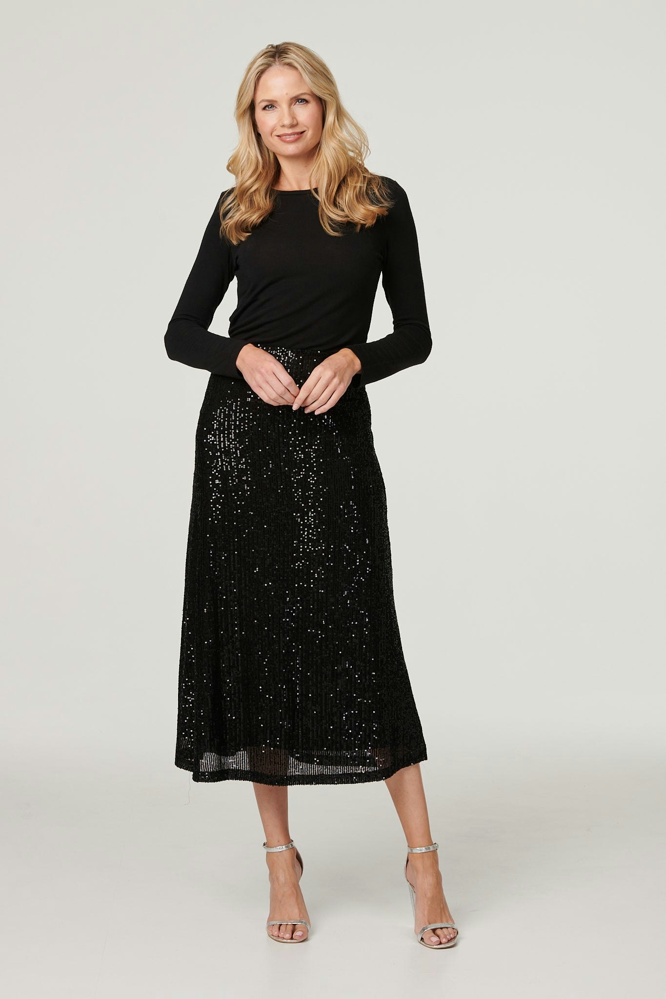 Izabel London Black Sequin High Waist Semi Sheer Midi Skirt - 20
