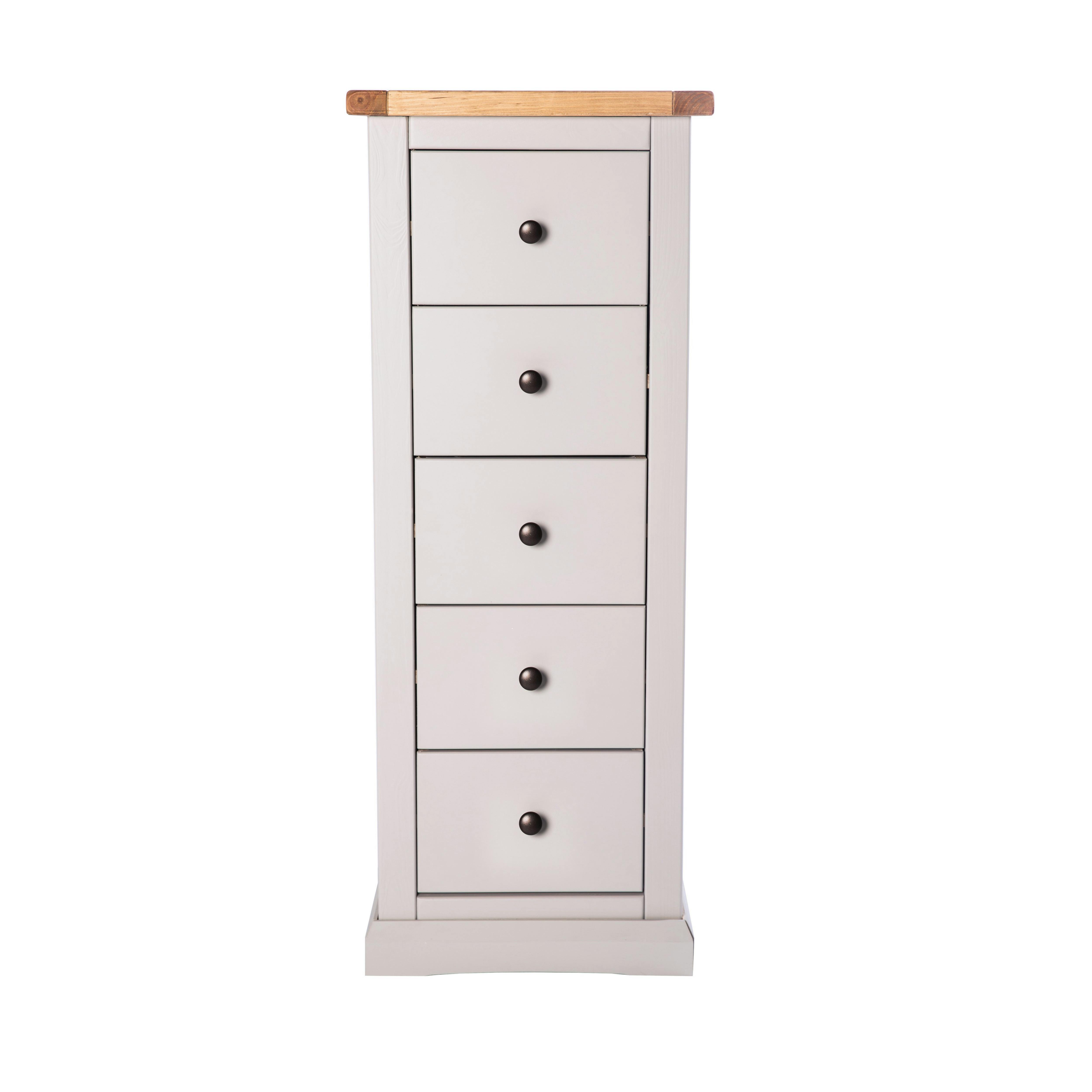 Cabinet Bits Light/Grey Loreo 5 Drawer Narrow Chest Of Drawers Brass Knob
