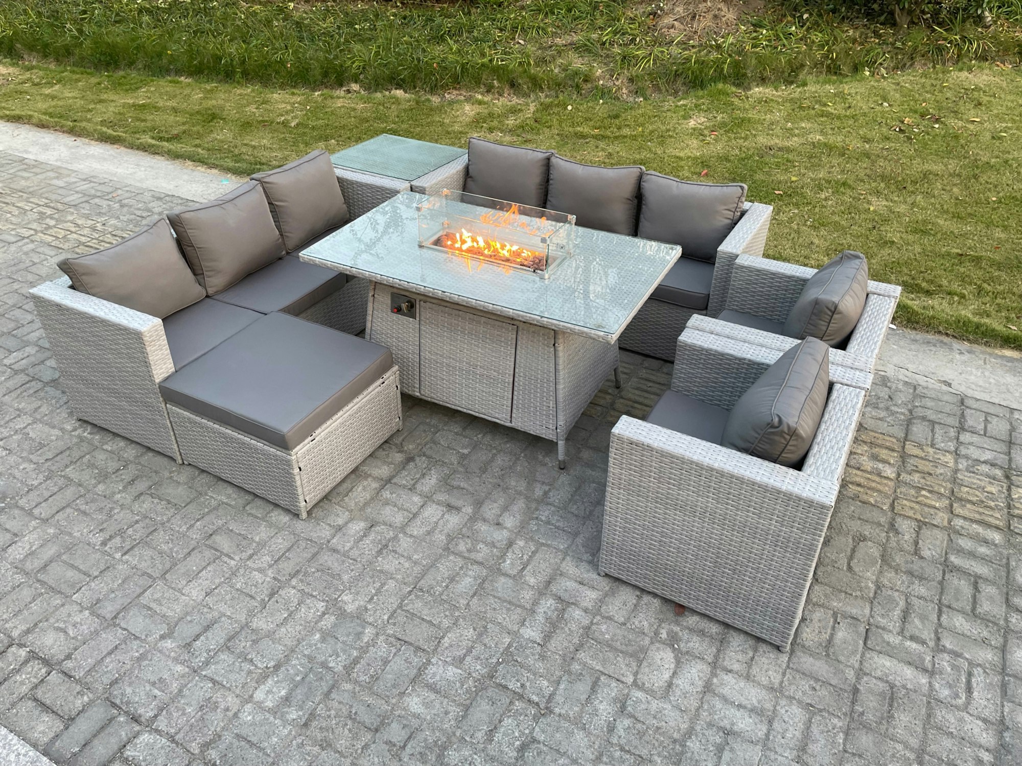 Rackhams Light/Grey Rattan Fire Pit Garden Furniture Set Gas Heater Burner Lounge Sofa Dining Set Coffee Table Chairs Footstool