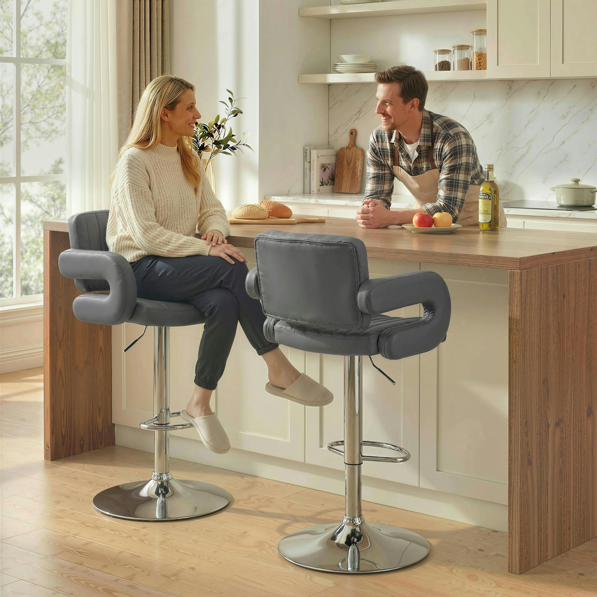 Rackhams Grey Bar Stools Adjustable Swivel With Armrest Set Of 2