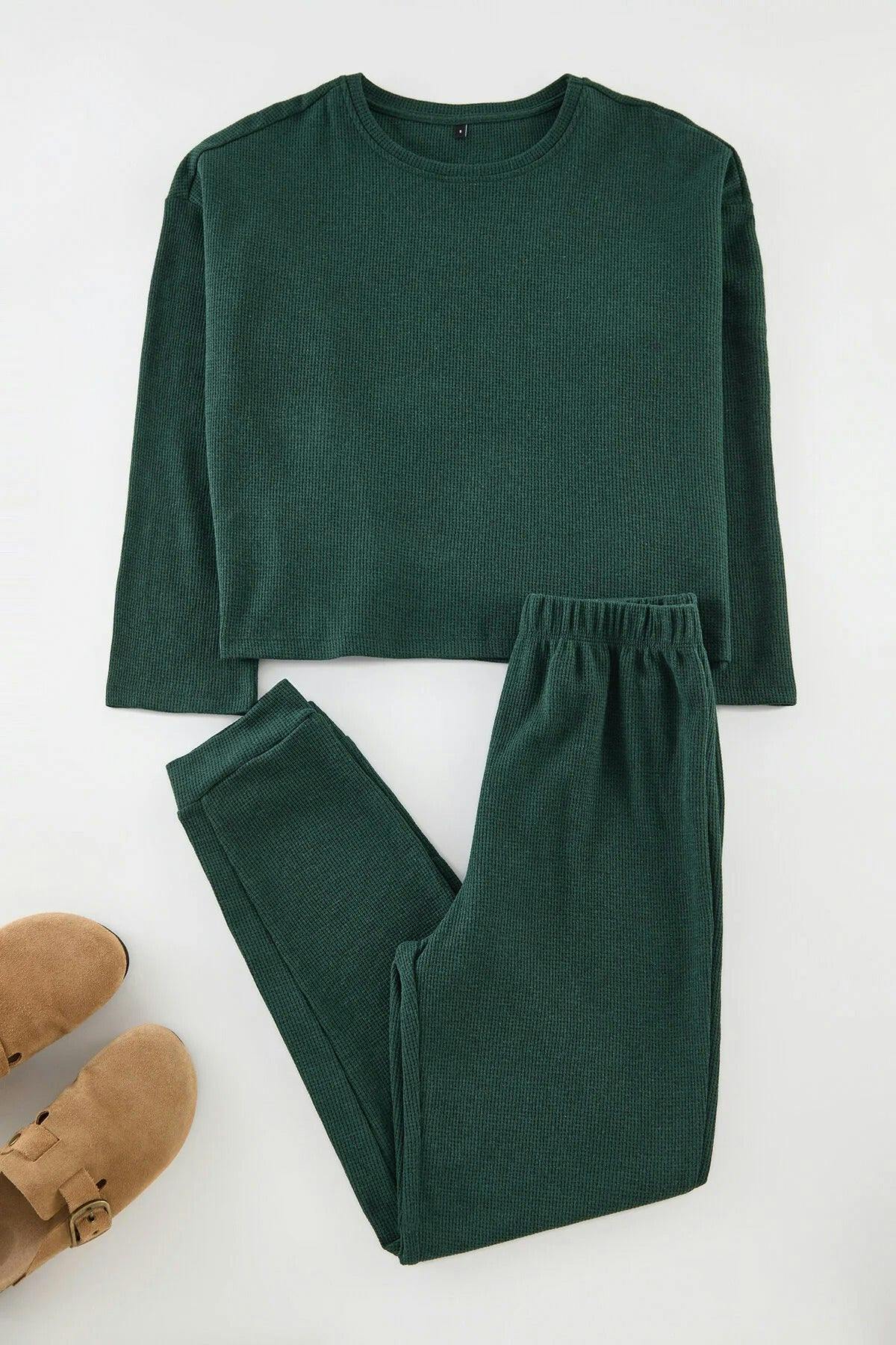 Wovcor Dark/Green 2-Piece Waffle Knit Pajama Set - Xs