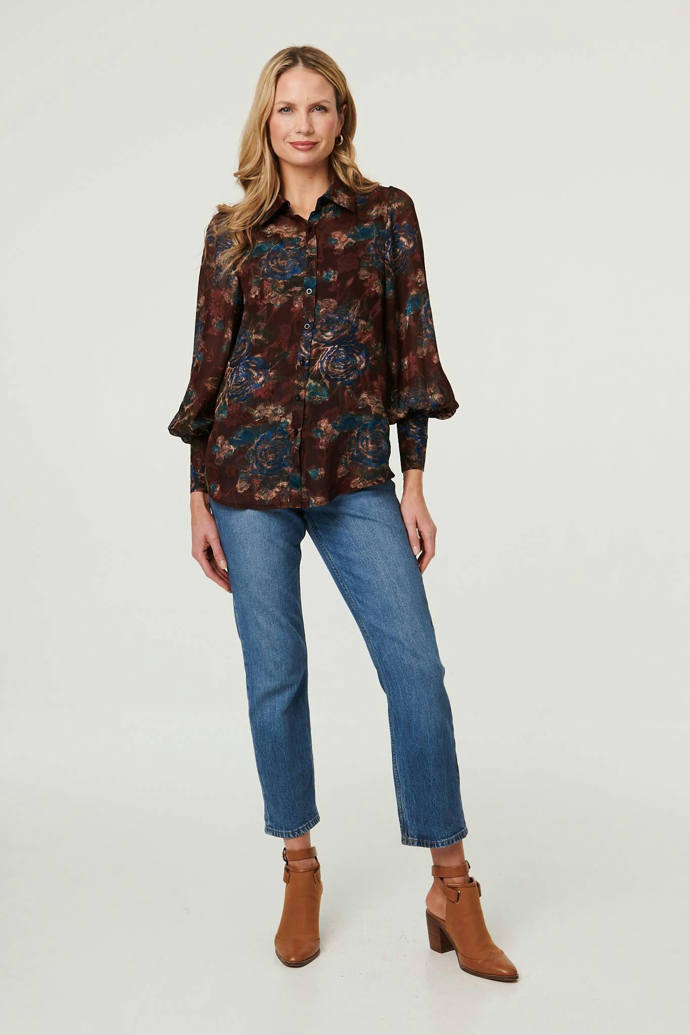 Izabel London Brown Printed Balloon Sleeve Relaxed Shirt - 10