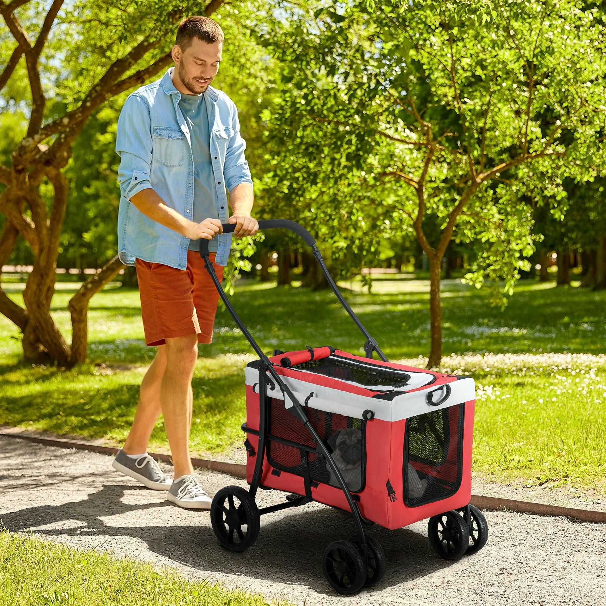Pawhut Red Foldable Pet Stroller W/ Detachable Carrier, Soft Padding