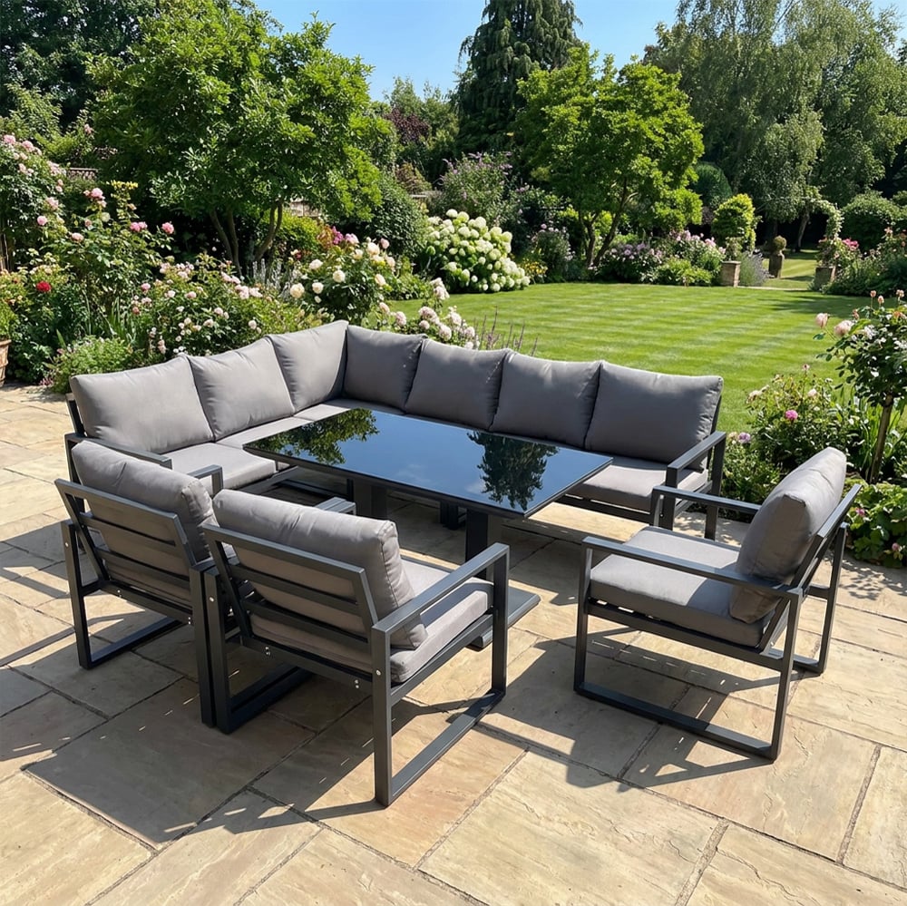 Rackhams Dark/Grey 8 Seater Aluminium Outdoor Garden Furniture Set With Corner Sofa, 3 Chairs & Adjustable Rising Dining Table