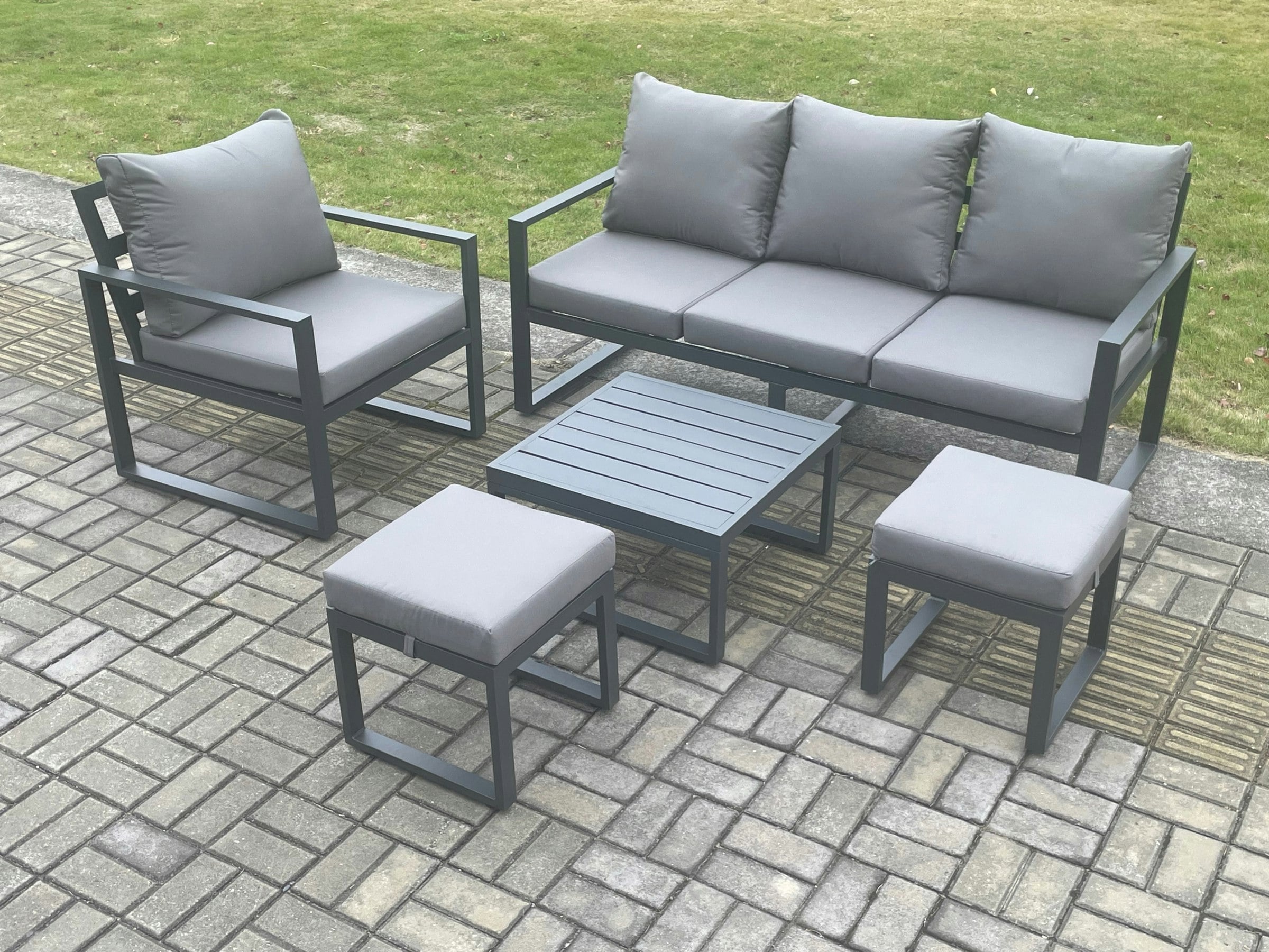 Rackhams Dark/Grey Aluminium Outdoor Garden Furniture Set Lounge Sofa Chair Square Coffee Table Sets With 2 Small Footstools
