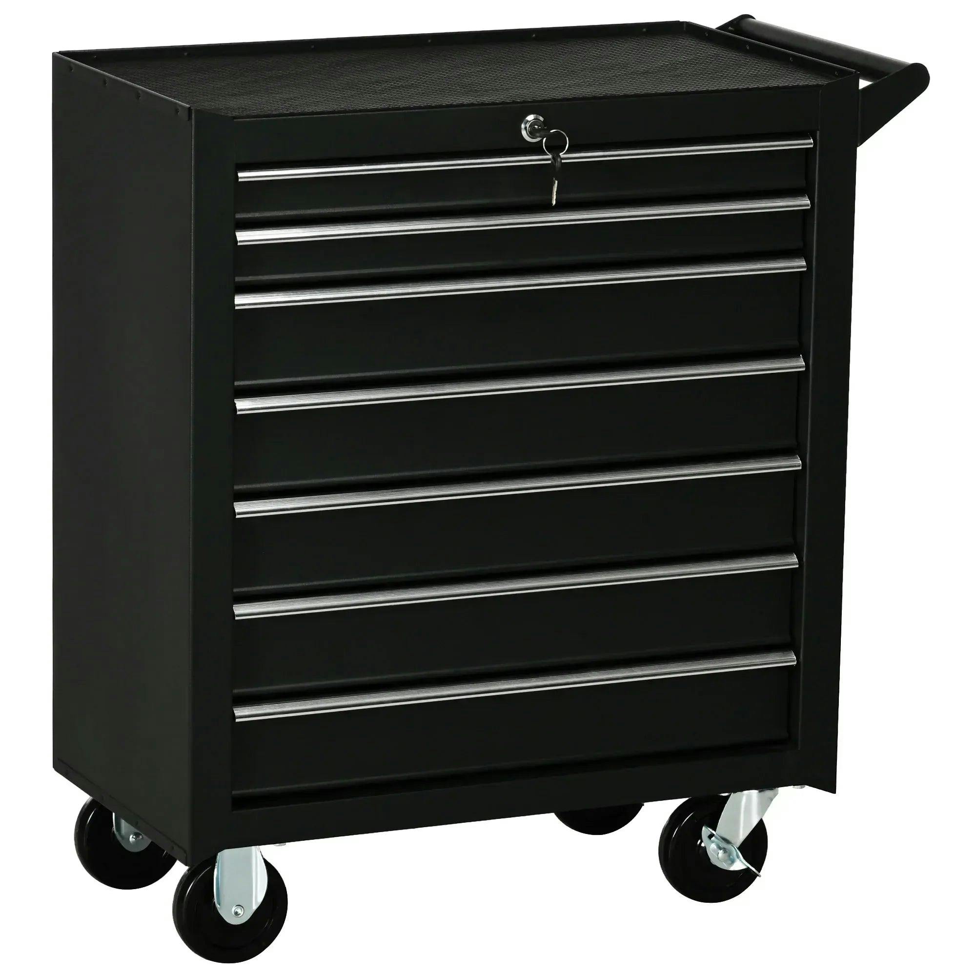 Rackhams Black 7-Drawer Tool Box On Wheels, Lockable Tool Cabinet With Eva Pat & Ball Bearing, Matte