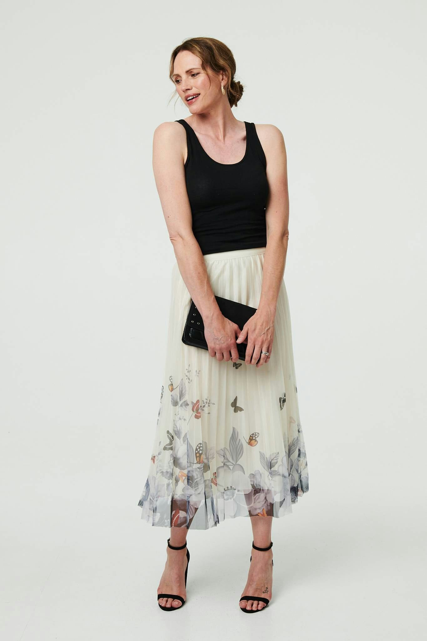 Izabel London Women's Beige Butterfly Print Pleated Mesh Midi Skirt - S/M