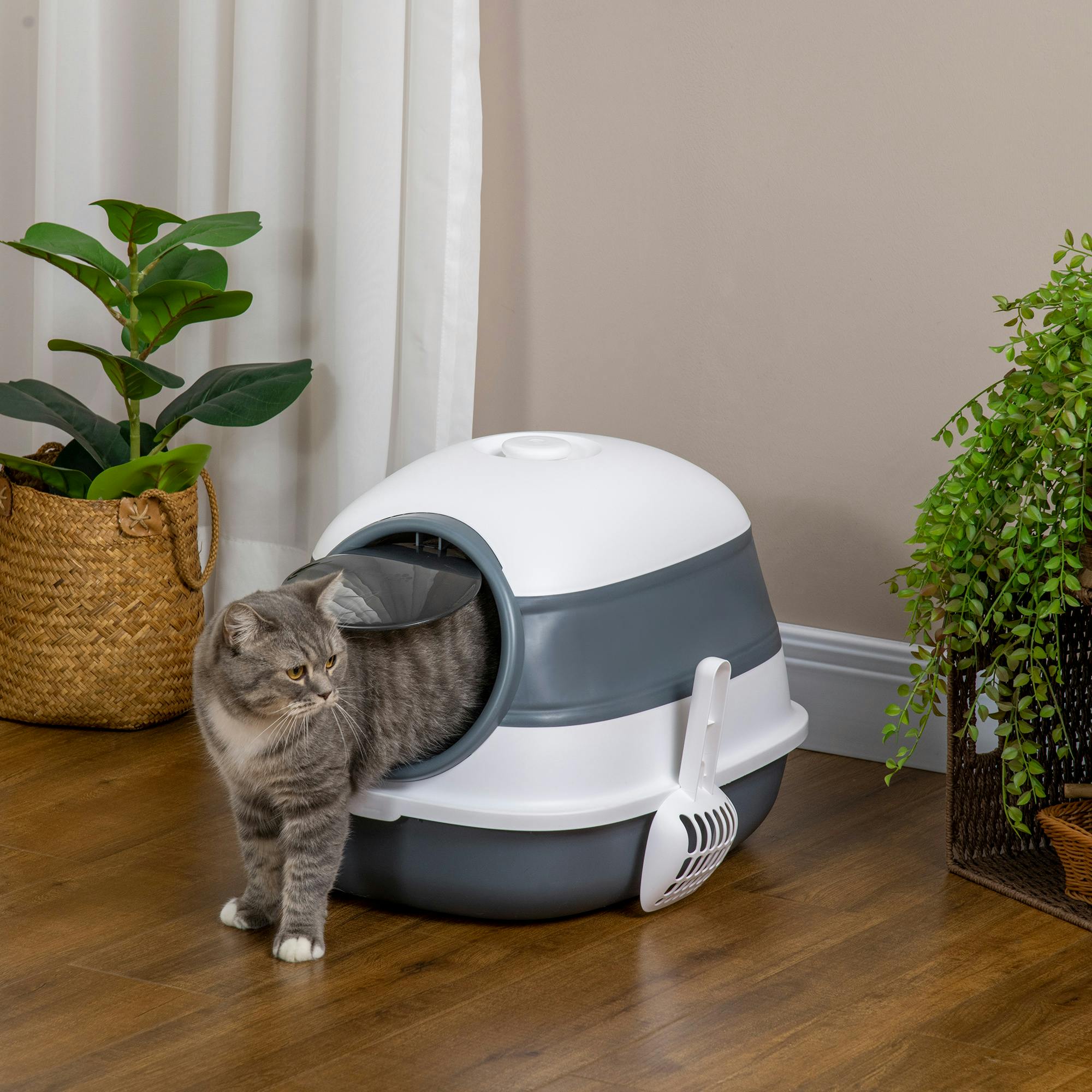 Pawhut White Foldable Cat Litter Tray Hooded Cat Litter Box W/ High Side In - Image 5