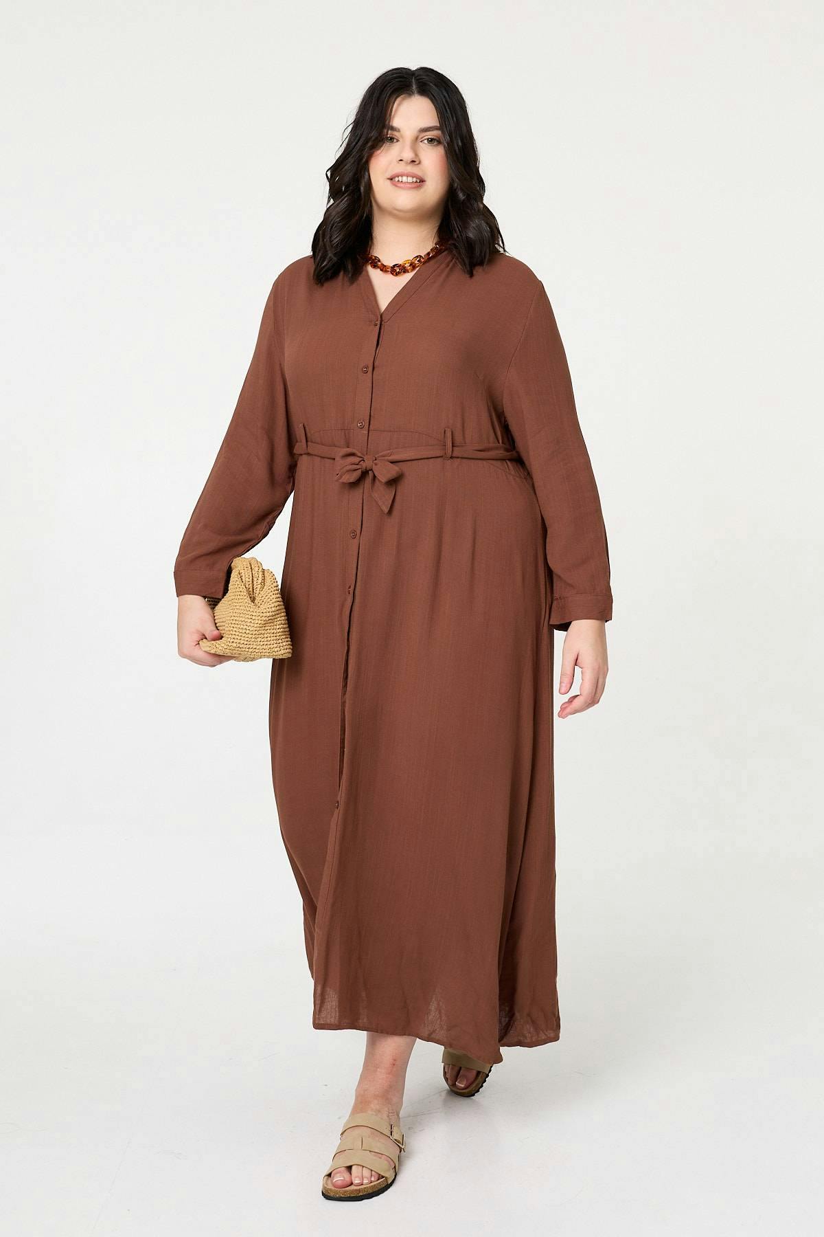Izabel London Brown Curve Long Sleeve Tie Waist Maxi Dress - 20/22