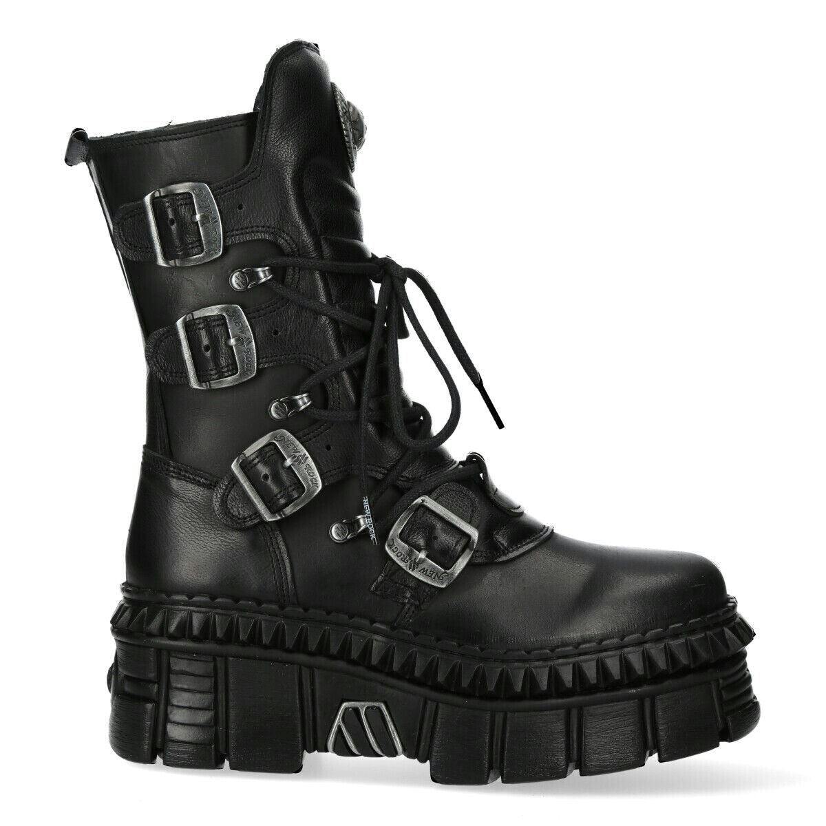 New Rock Unisex Black Mid-Calf Leather Platform Boots-Wall373-S6 - Uk 6.5 | Eu 40 | Us 9