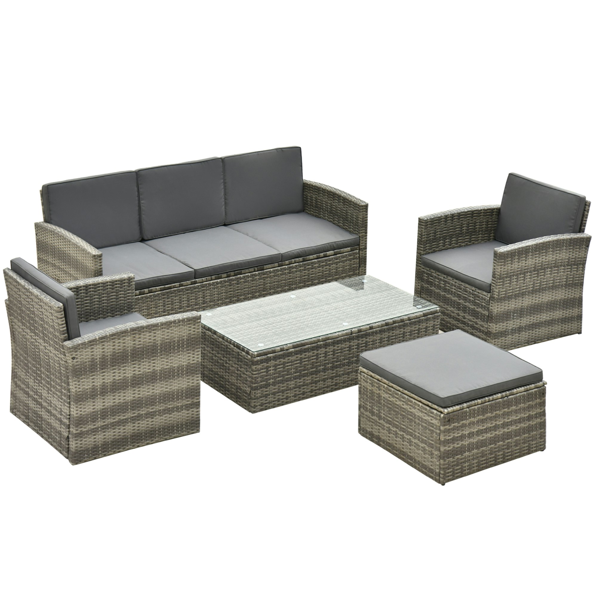 Outsunny Grey 5 Pcs Rattan Cushion 3-Seater Single Sofa Stool Table - Steel, Pe Rattan - 182Cm X 72Cm X 76.5Cm