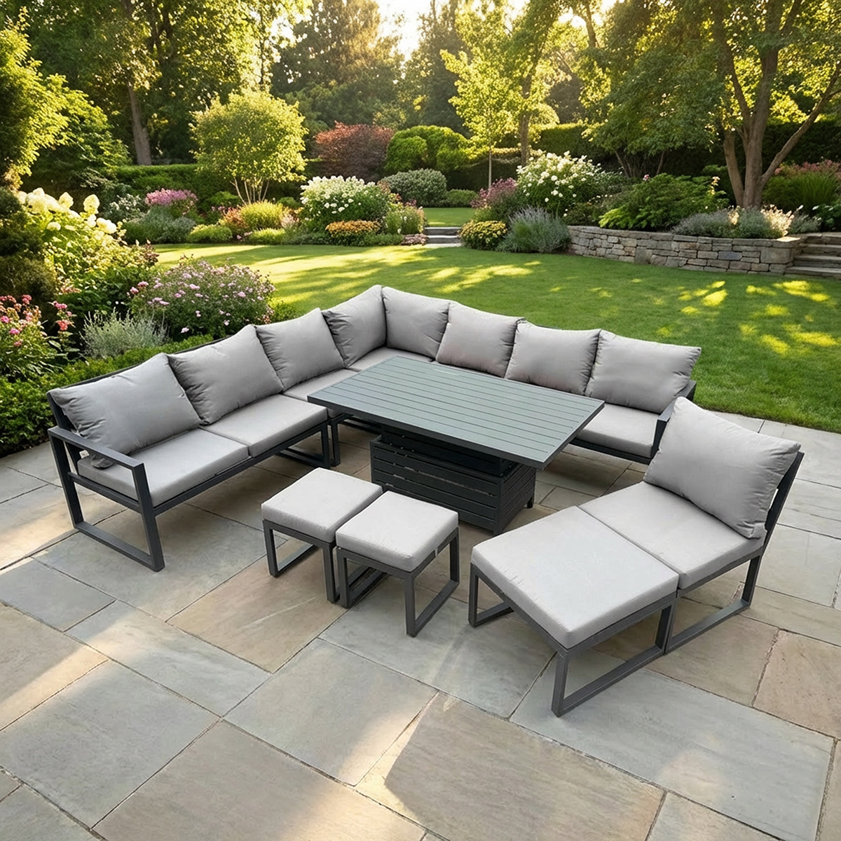 Fimous Dark/Grey 10 Seater Aluminium Garden Furniture Set With Adjustable Rising Dining Table & 3 Footstools