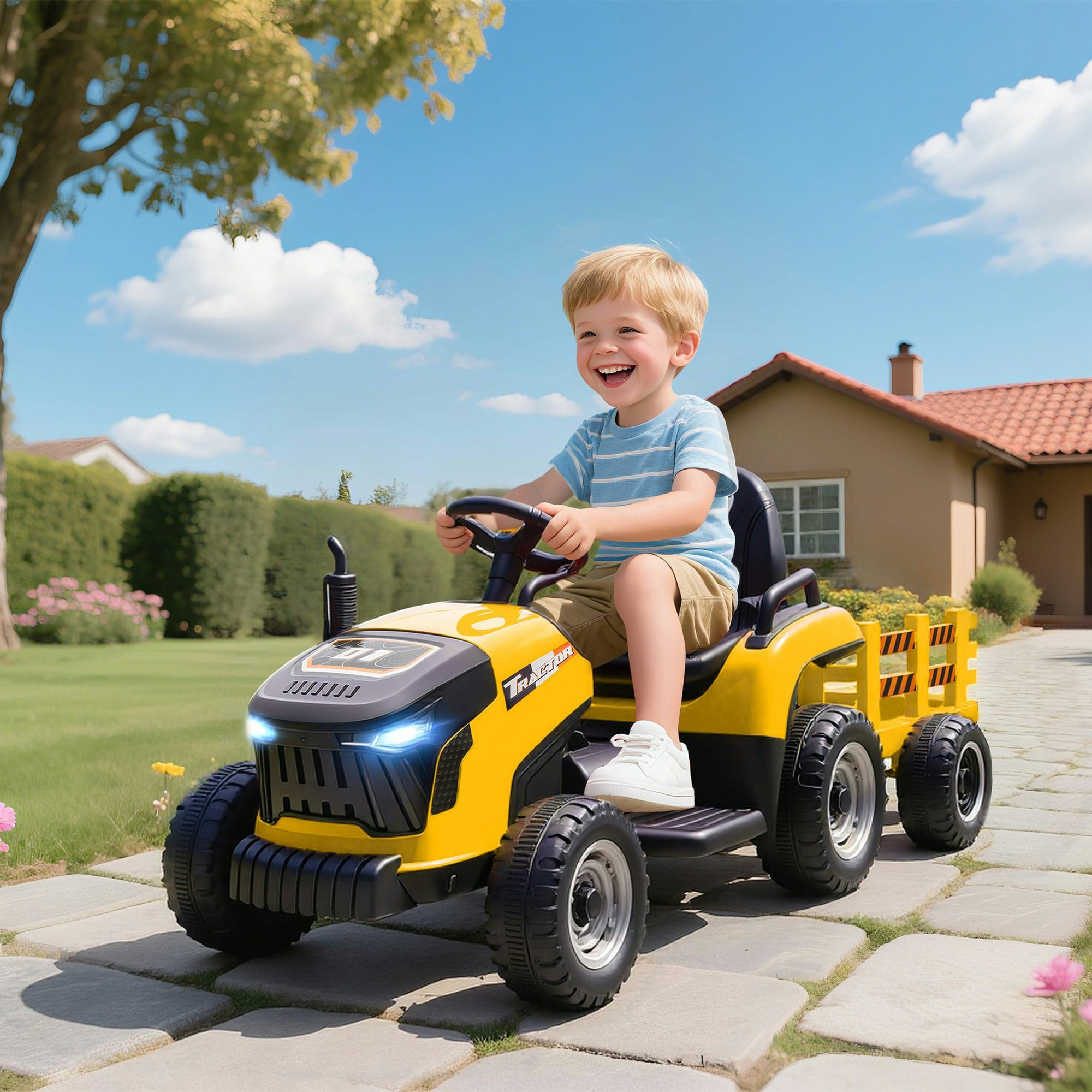 Aiyaplay Yellow Ride On Tractor And Trailer, 12V Electric Ride On Tractor
