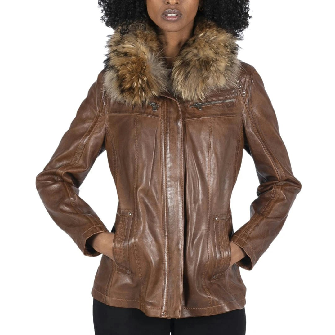 Infinity Leather Women's Brown/Black Leather Company Leather Short Parka Jacket Coat Fur Hood Zipped Tan - Timber - Uk 22